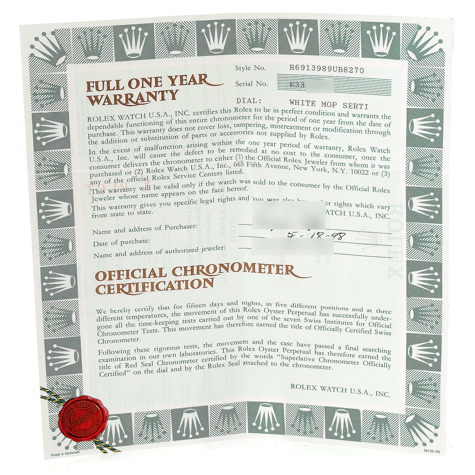 The image shows a warranty and chronometer certification for the Rolex President 69139 Women
s White Gold Mother of Pearl Dial 69139 Women
s White Gold Mother of Pearl Dial model watch.