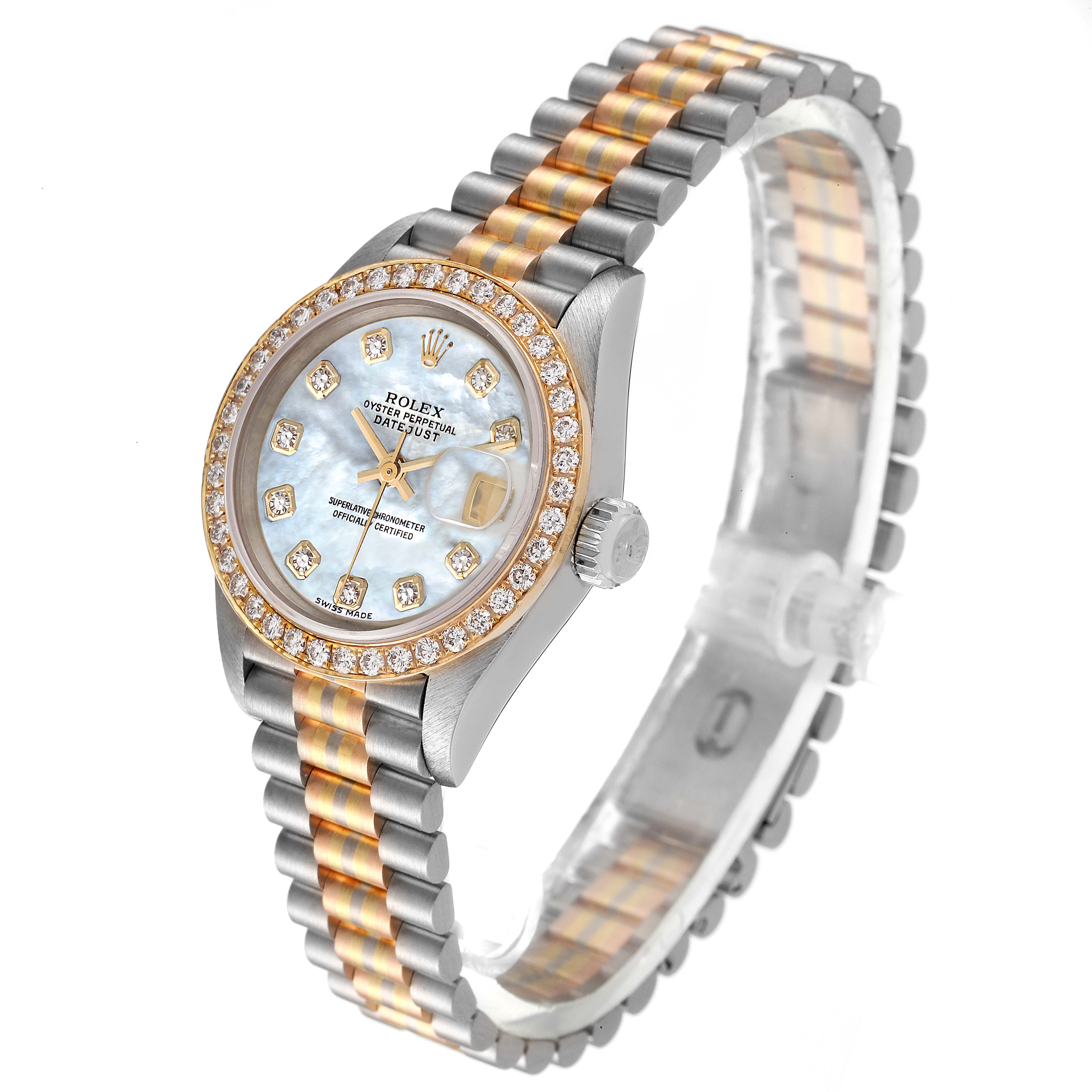 The Rolex President 69139 Women
s White Gold Mother of Pearl Dial 69139 Women
s White Gold Mother of Pearl Dial watch is shown at a three-quarter angle, highlighting the face, bezel, and bracelet.