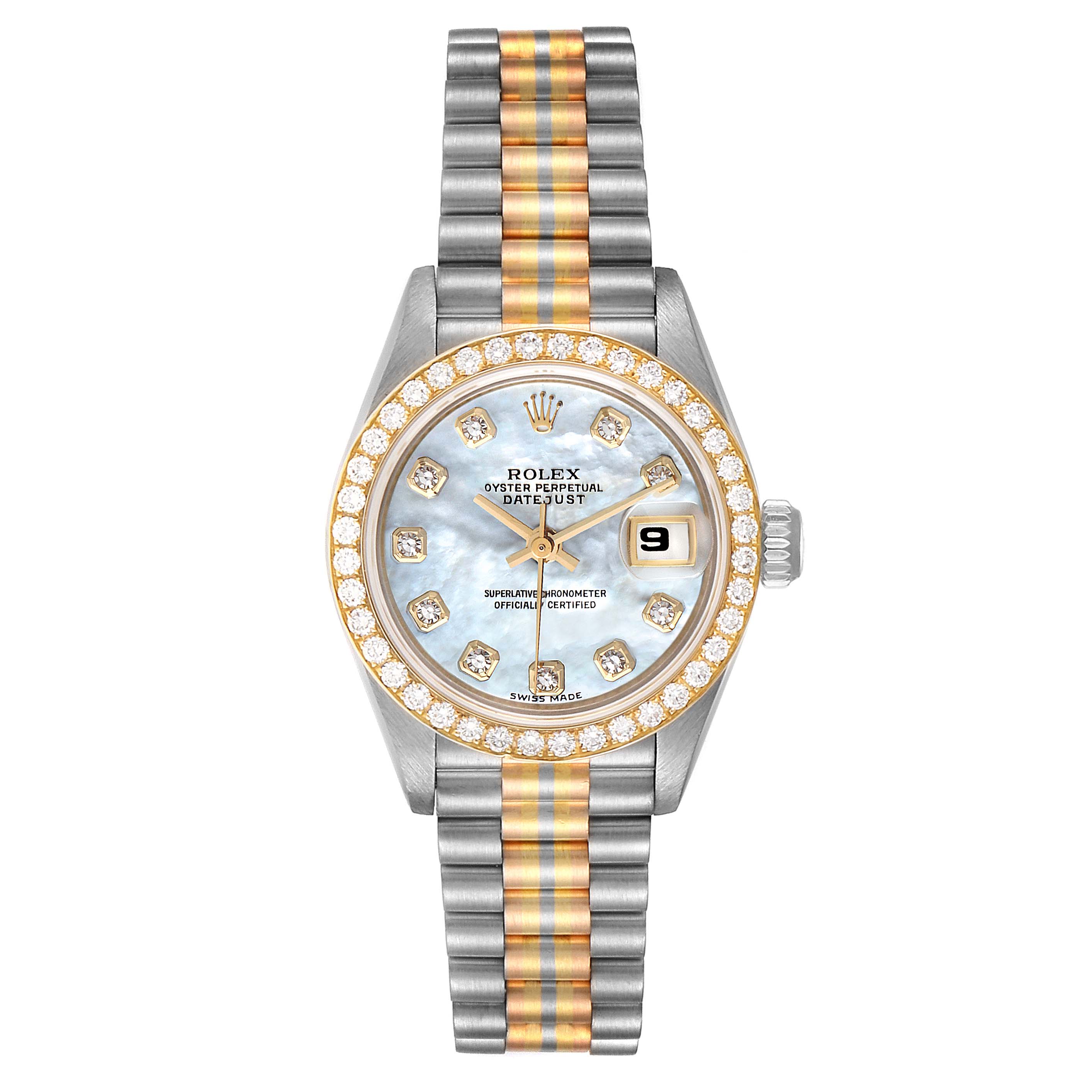 The image shows a Rolex President 69139 Women
s White Gold Mother of Pearl Dial 69139 Women
s White Gold Mother of Pearl Dial model watch from the front, displaying its face, bezel, and bracelet.