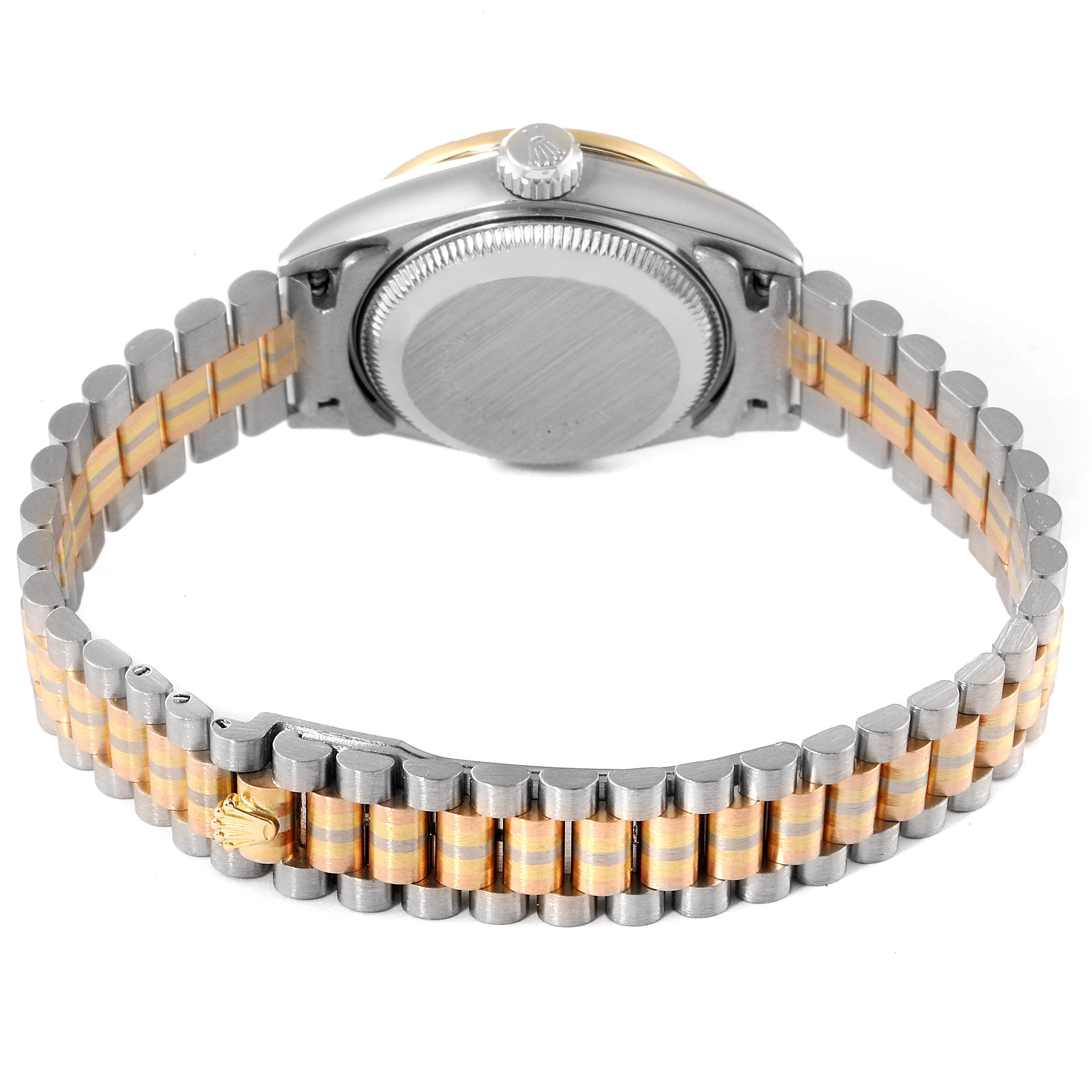 This Rolex President 69139 Women
s White Gold Mother of Pearl Dial 69139 Women
s White Gold Mother of Pearl Dial model is shown from the rear view, highlighting its back cover and jubilee bracelet.