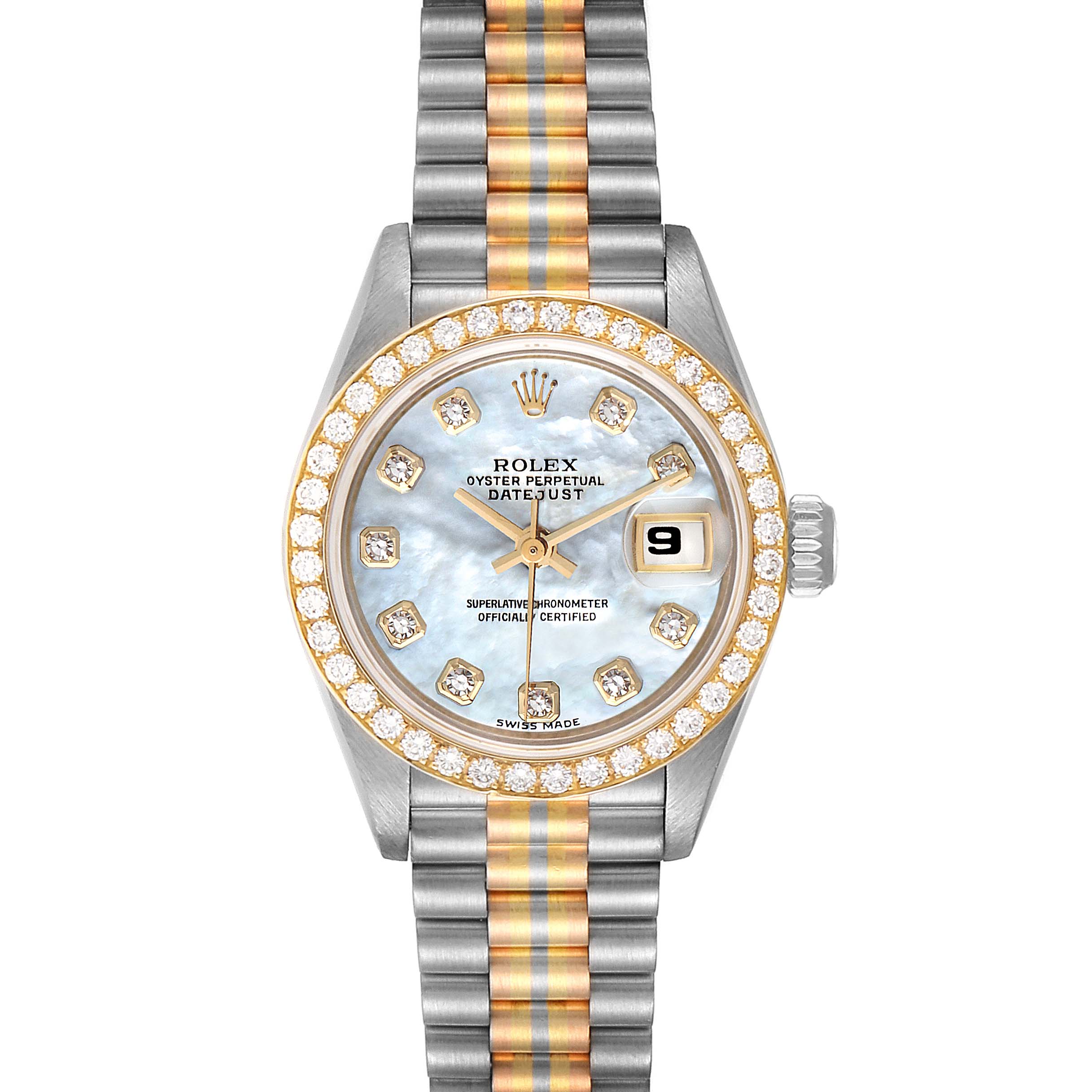 The image shows a top view of a Rolex President 69139 Women
s White Gold Mother of Pearl Dial 69139 Women
s White Gold Mother of Pearl Dial model watch, displaying the face, bezel, and bracelet.