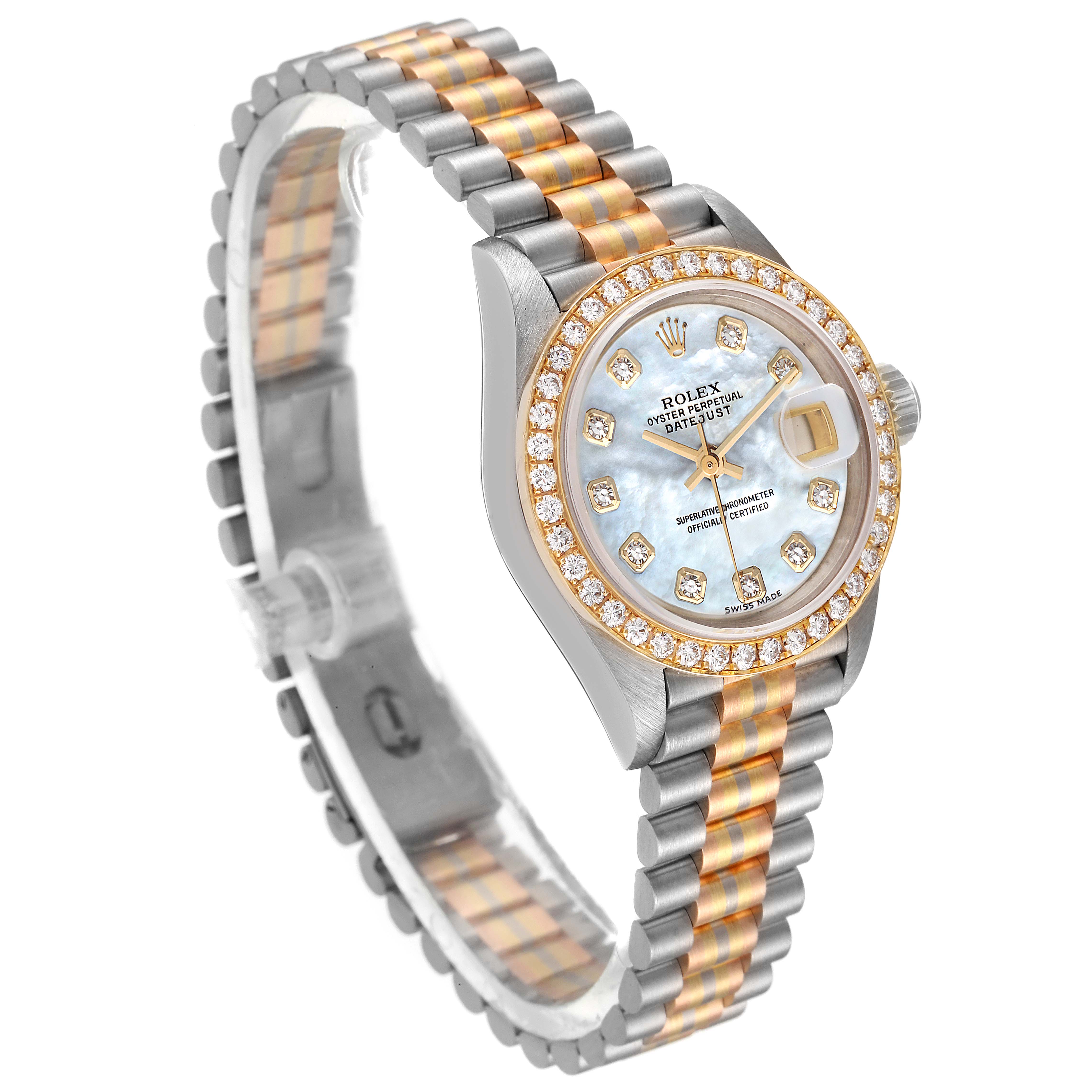 This image shows a Rolex President 69139 Women
s White Gold Mother of Pearl Dial 69139 Women
s White Gold Mother of Pearl Dial model watch from a three-quarter angle, highlighting its diamond bezel, dial, and two-tone bracelet.