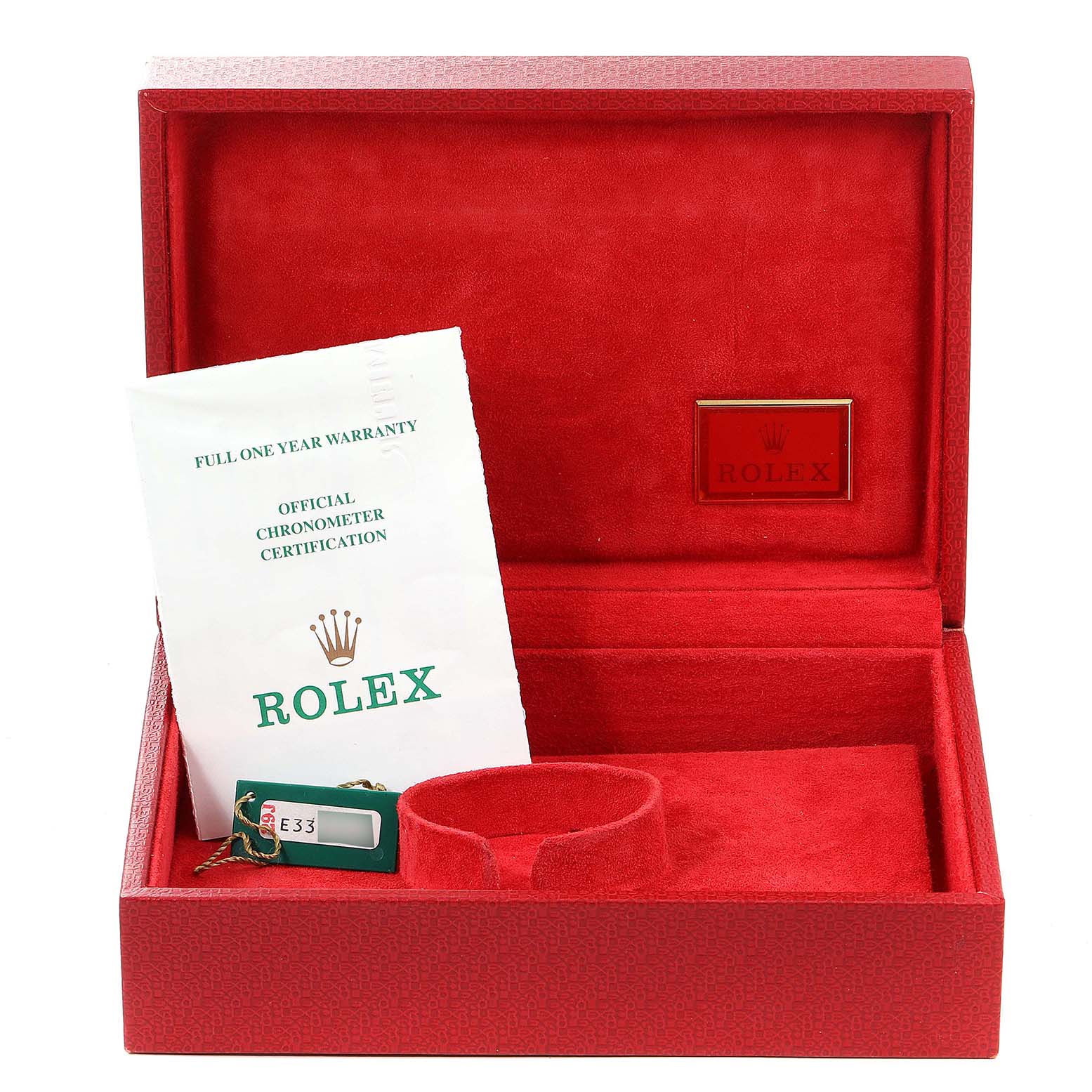 The image shows an open red Rolex watch box for the President model, including warranty papers and a tag.