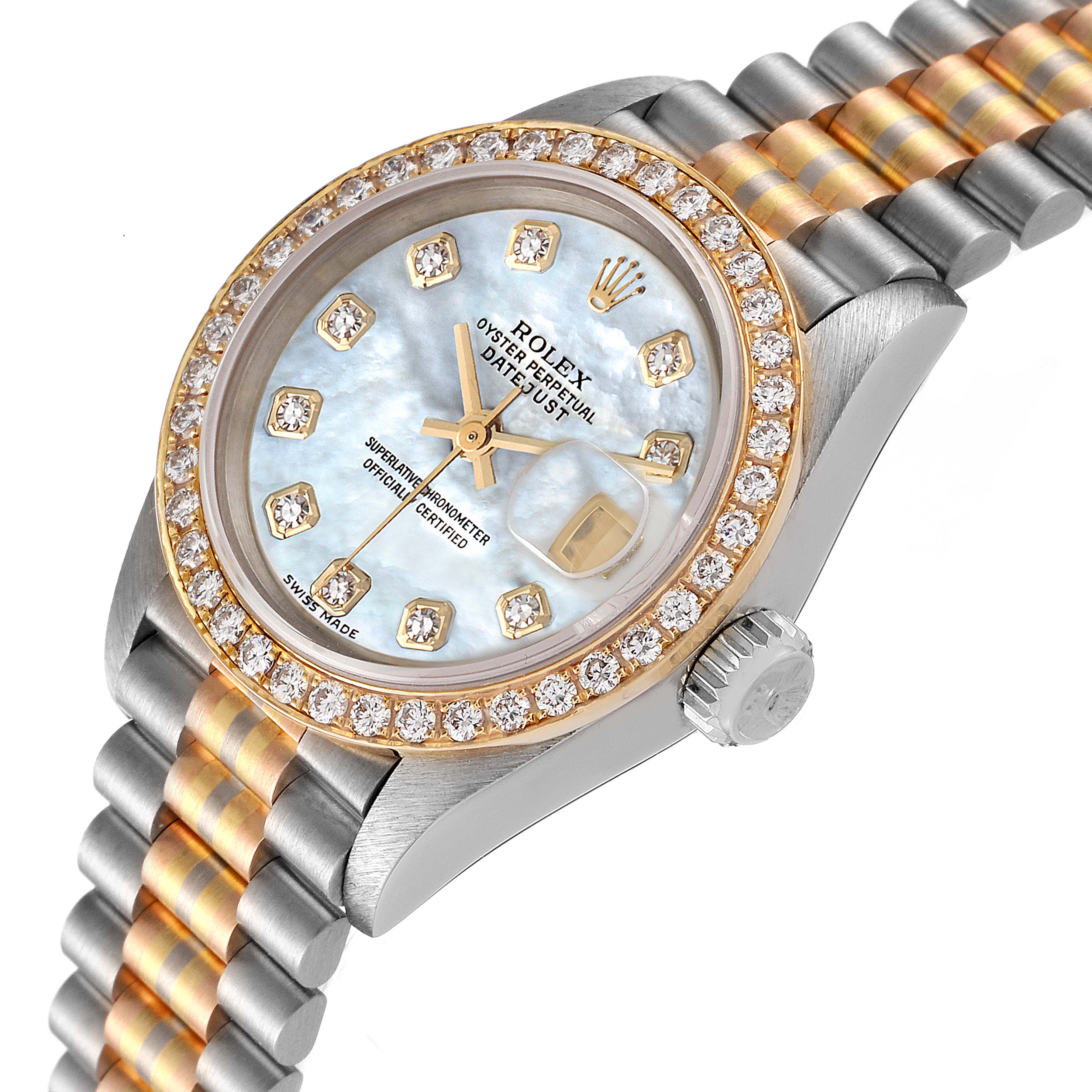 The Rolex President 69139 Women
s White Gold Mother of Pearl Dial 69139 Women
s White Gold Mother of Pearl Dial watch model is shown at a side angle, highlighting its dial, crown, and part of the bracelet.