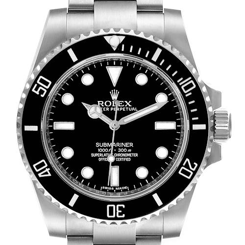 The image shows a front view of a Rolex Submariner watch with its bezel, dial, hands, and crown visible.