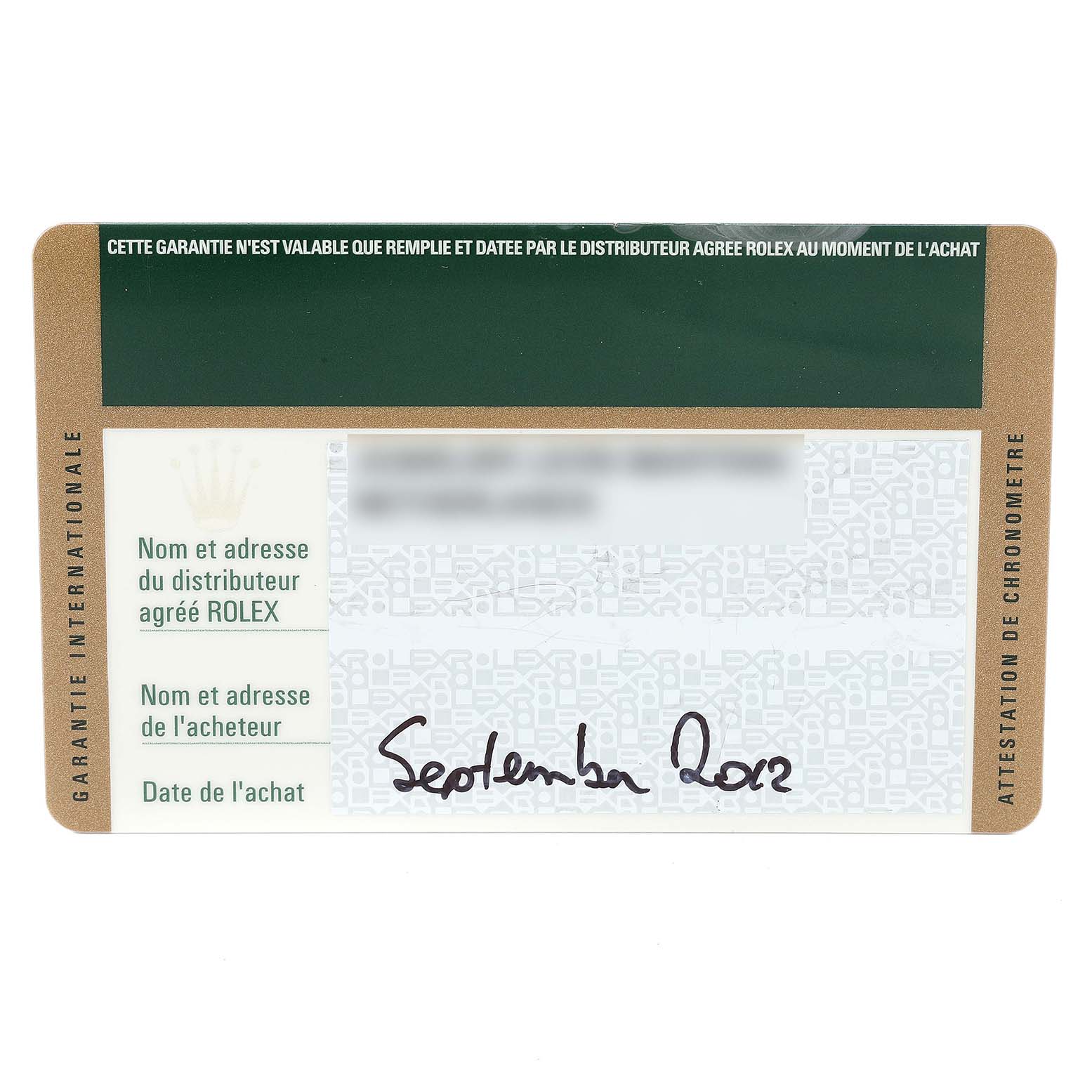 The image shows the guarantee card for a Rolex Submariner 114060 Men
s Stainless Steel Black Dial 114060 Men
s Stainless Steel Black Dial, featuring purchase details and certification.