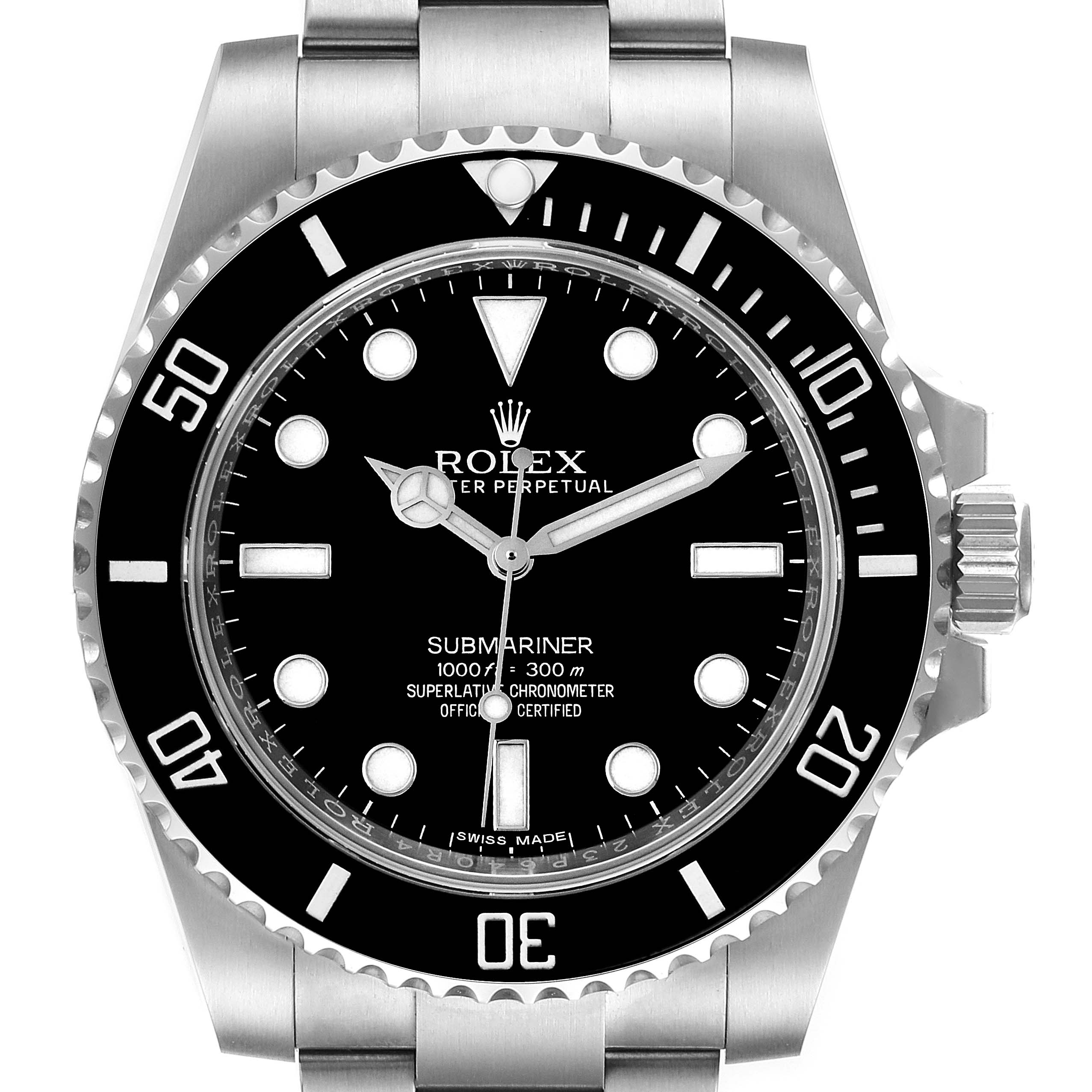 This image shows a front view of the Rolex Submariner 114060 Men
s Stainless Steel Black Dial 114060 Men
s Stainless Steel Black Dial watch, highlighting its dial, bezel, and stainless steel bracelet.
