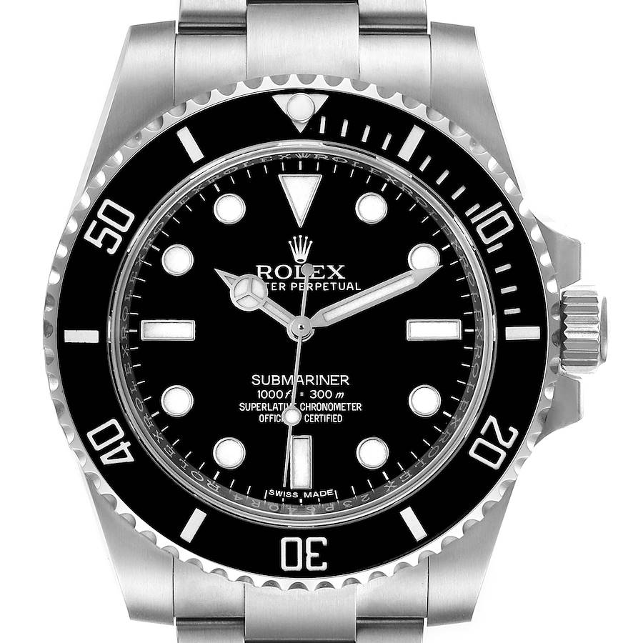 This image shows a front view of the Rolex Submariner watch, highlighting its dial, bezel, and stainless steel bracelet.