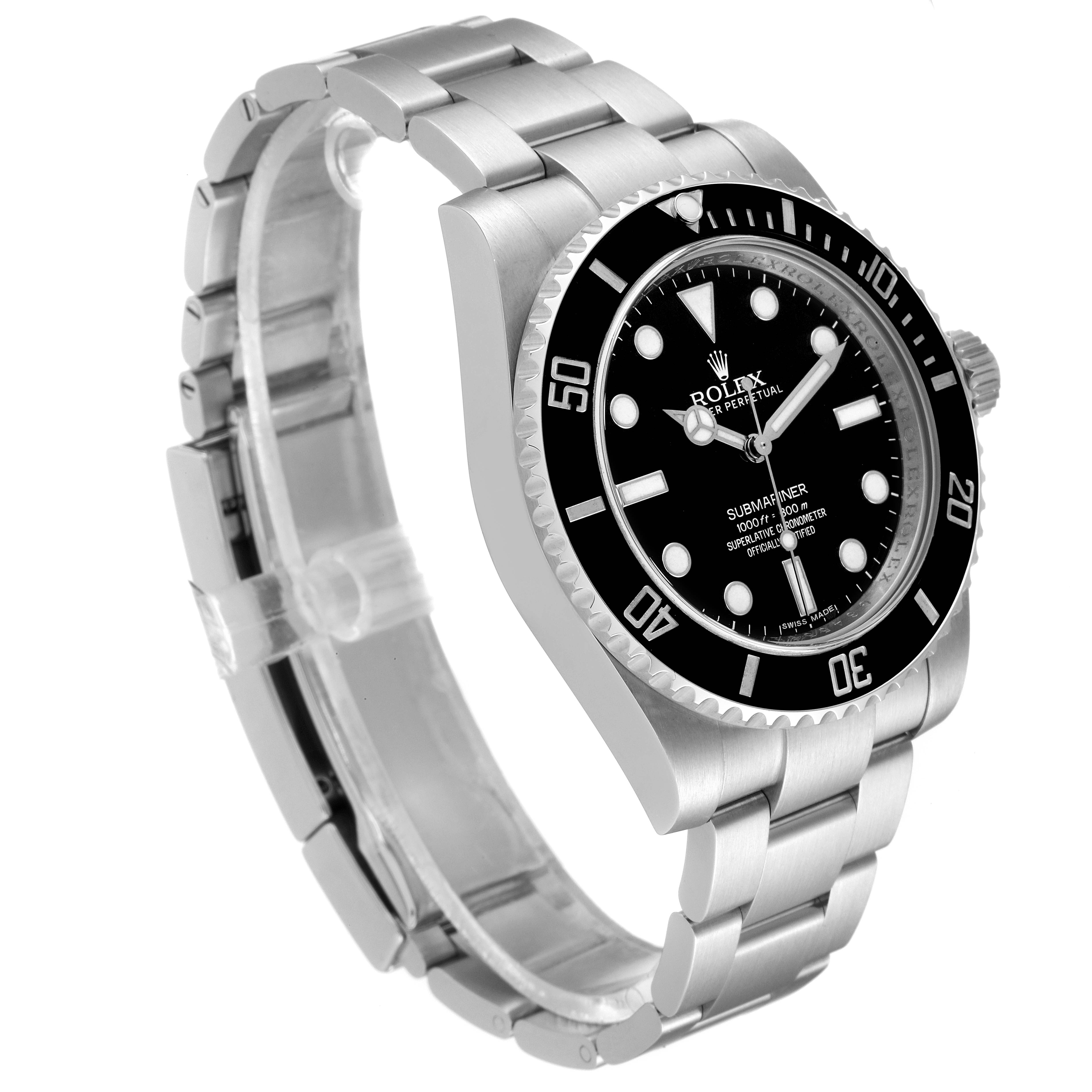 The image shows a Rolex Submariner 114060 Men
s Stainless Steel Black Dial 114060 Men
s Stainless Steel Black Dial watch from a 3/4 angle, displaying the bezel, dial, bracelet, and case.