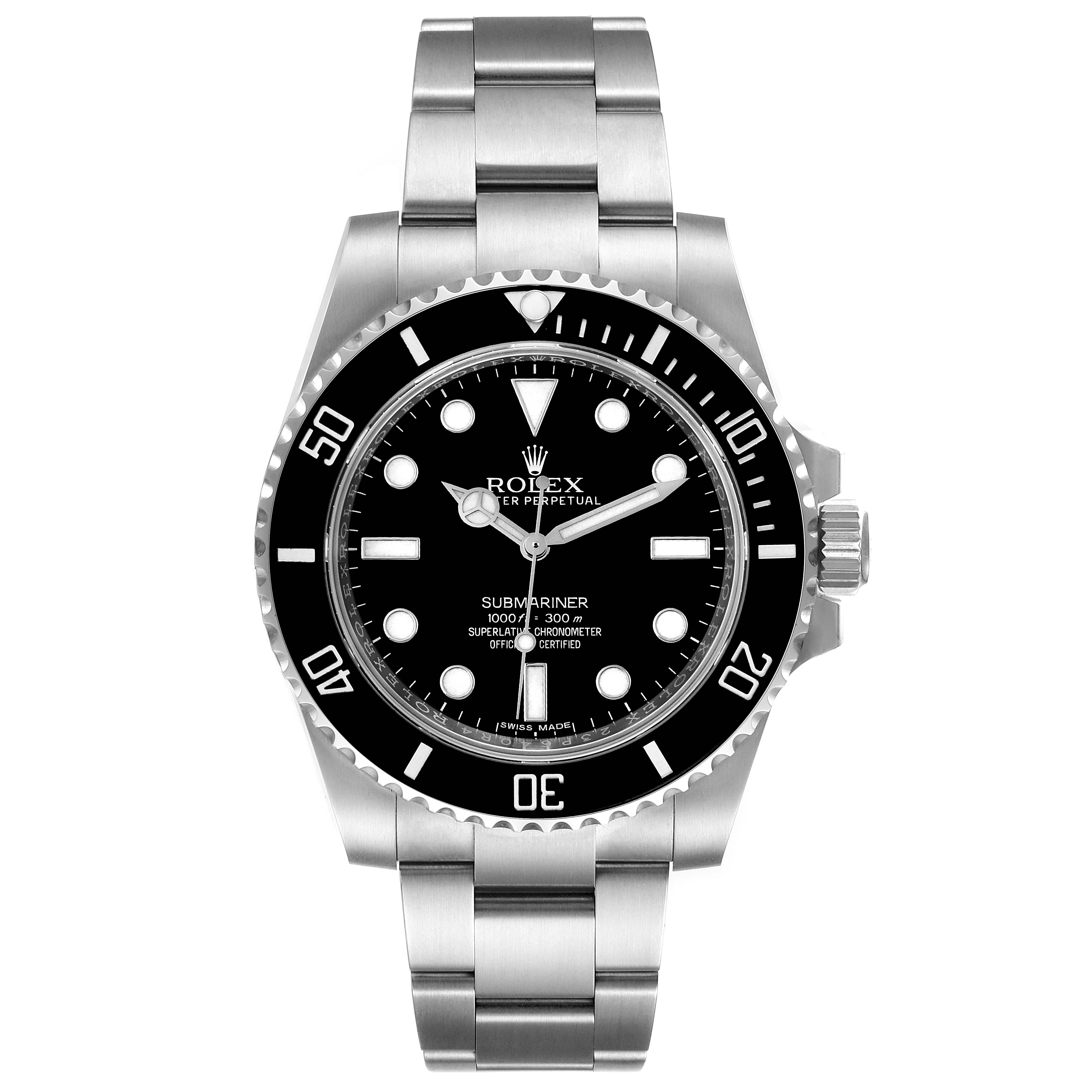 The Rolex Submariner 114060 Men
s Stainless Steel Black Dial 114060 Men
s Stainless Steel Black Dial watch is shown from a front angle, displaying the full face, bezel, and bracelet.