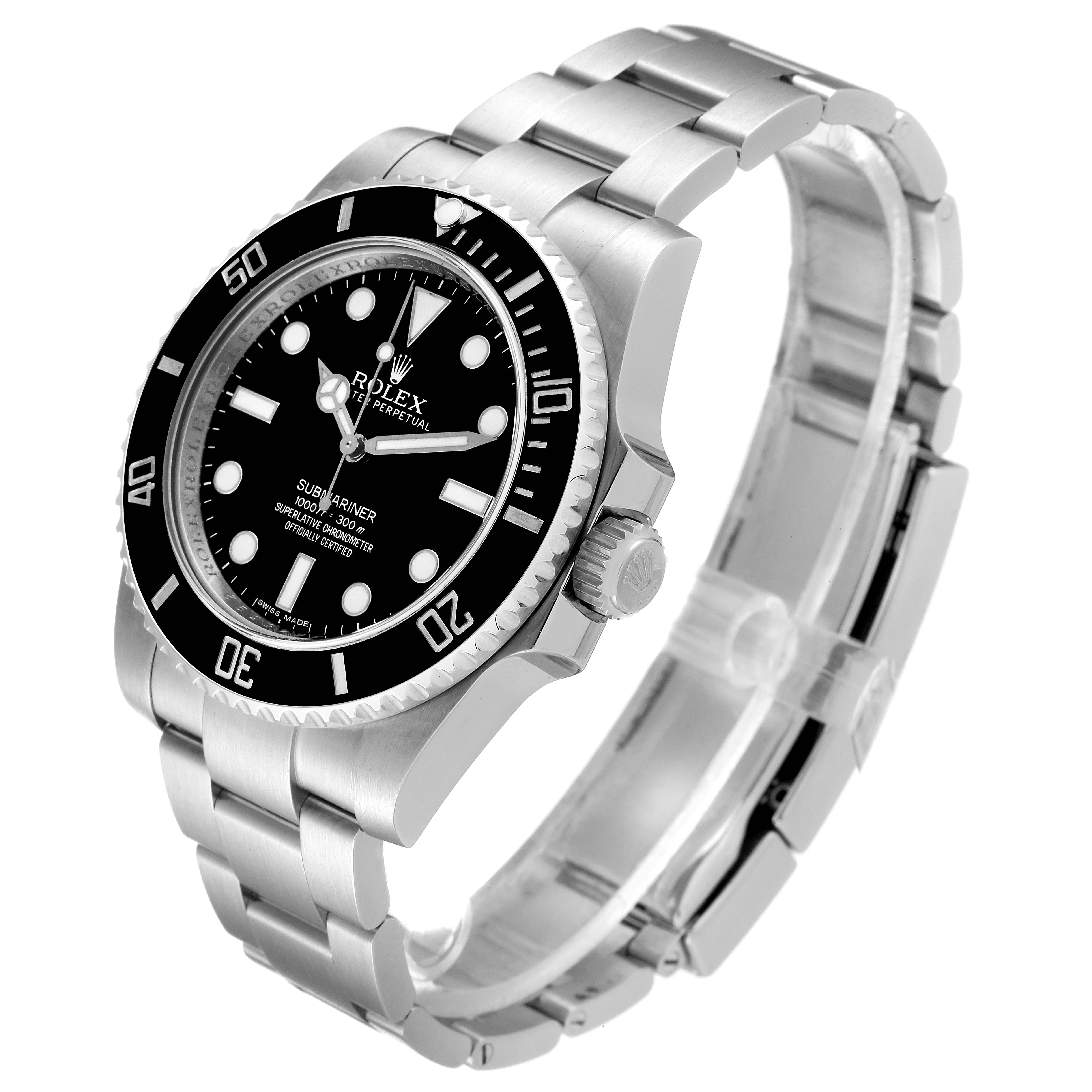 This image shows a Rolex Submariner 114060 Men
s Stainless Steel Black Dial 114060 Men
s Stainless Steel Black Dial watch from a front-side angle, highlighting its bracelet, dial, bezel, and crown.