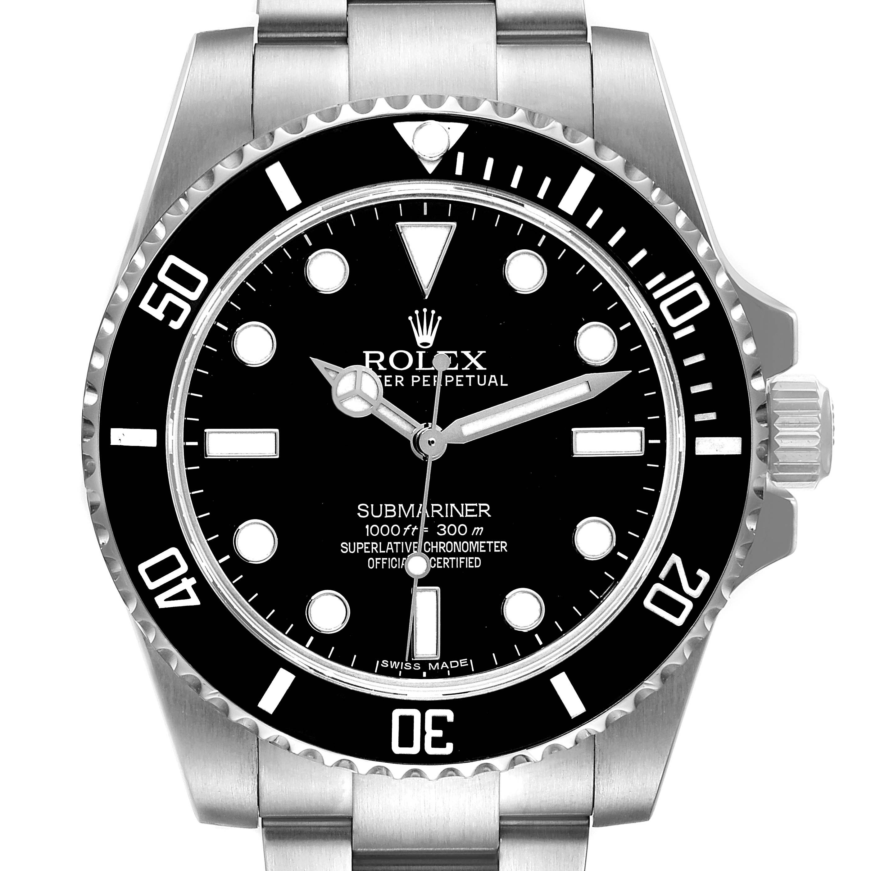 This image shows a front view of the Rolex Submariner 114060 Men
s Stainless Steel Black Dial 114060 Men
s Stainless Steel Black Dial watch, displaying its dial, bezel, and part of the bracelet.