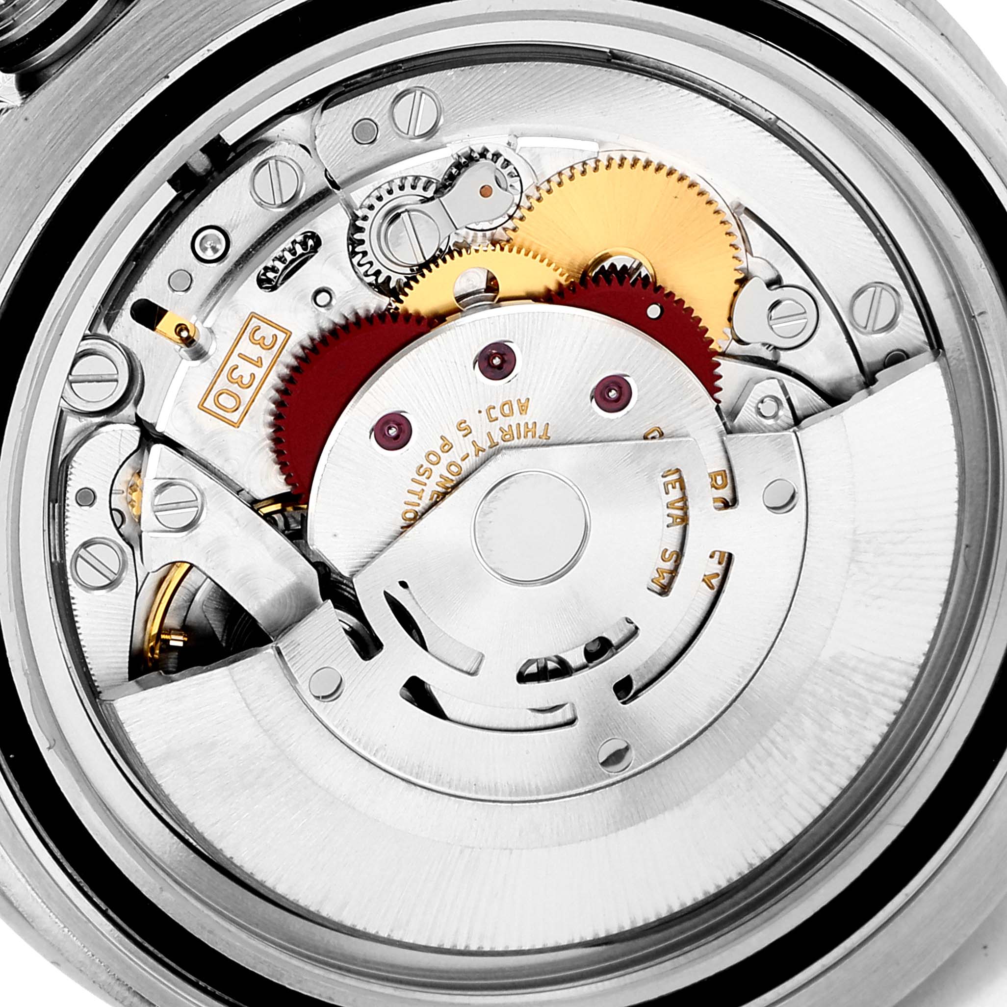 The image shows a close-up of the movement mechanism of a Rolex Submariner 114060 Men
s Stainless Steel Black Dial 114060 Men
s Stainless Steel Black Dial watch, revealing its intricate gears and components.