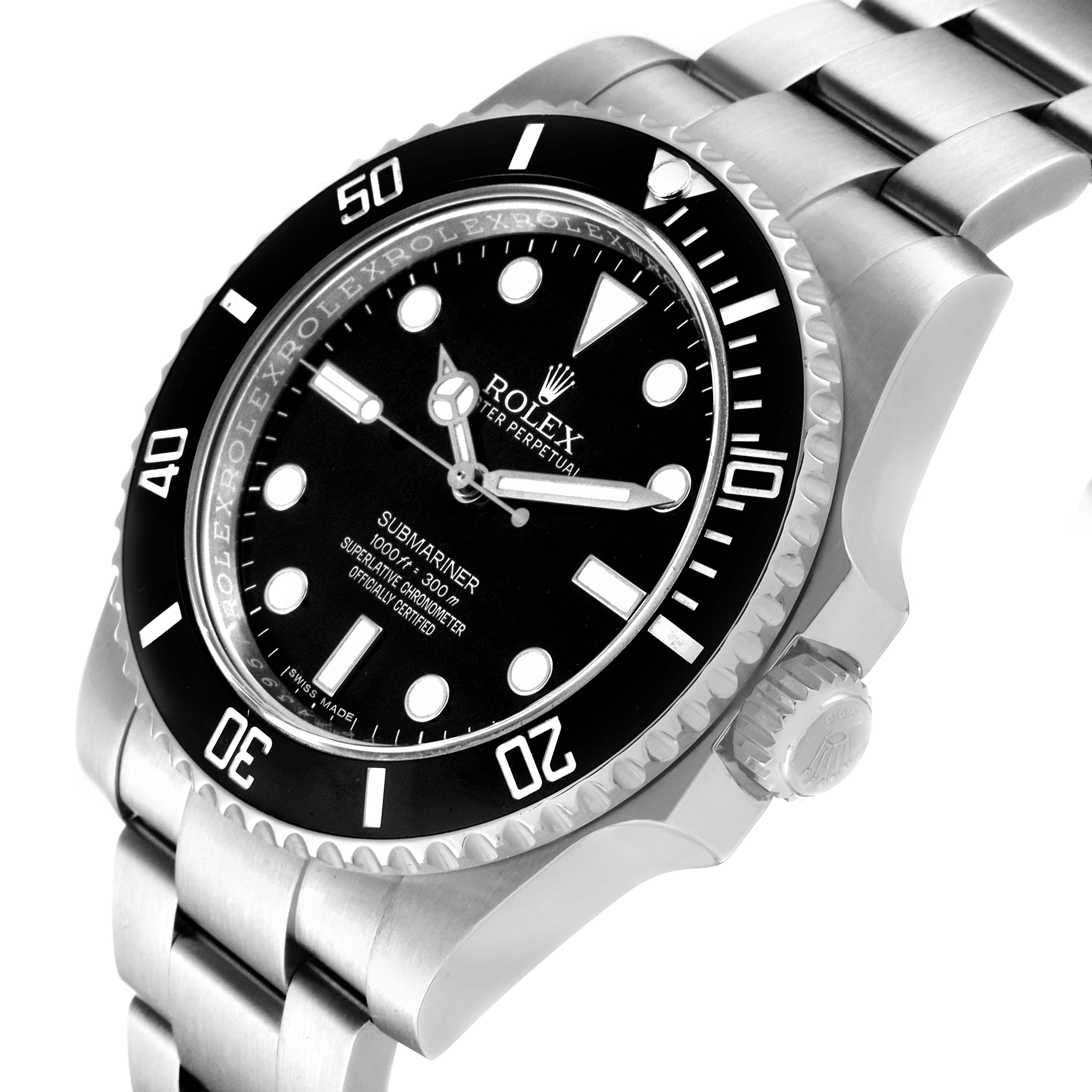 The image shows a close-up of the Rolex Submariner 114060 Men
s Stainless Steel Black Dial 114060 Men
s Stainless Steel Black Dial watch from an angled side view, highlighting its face, bezel, and part of the bracelet.