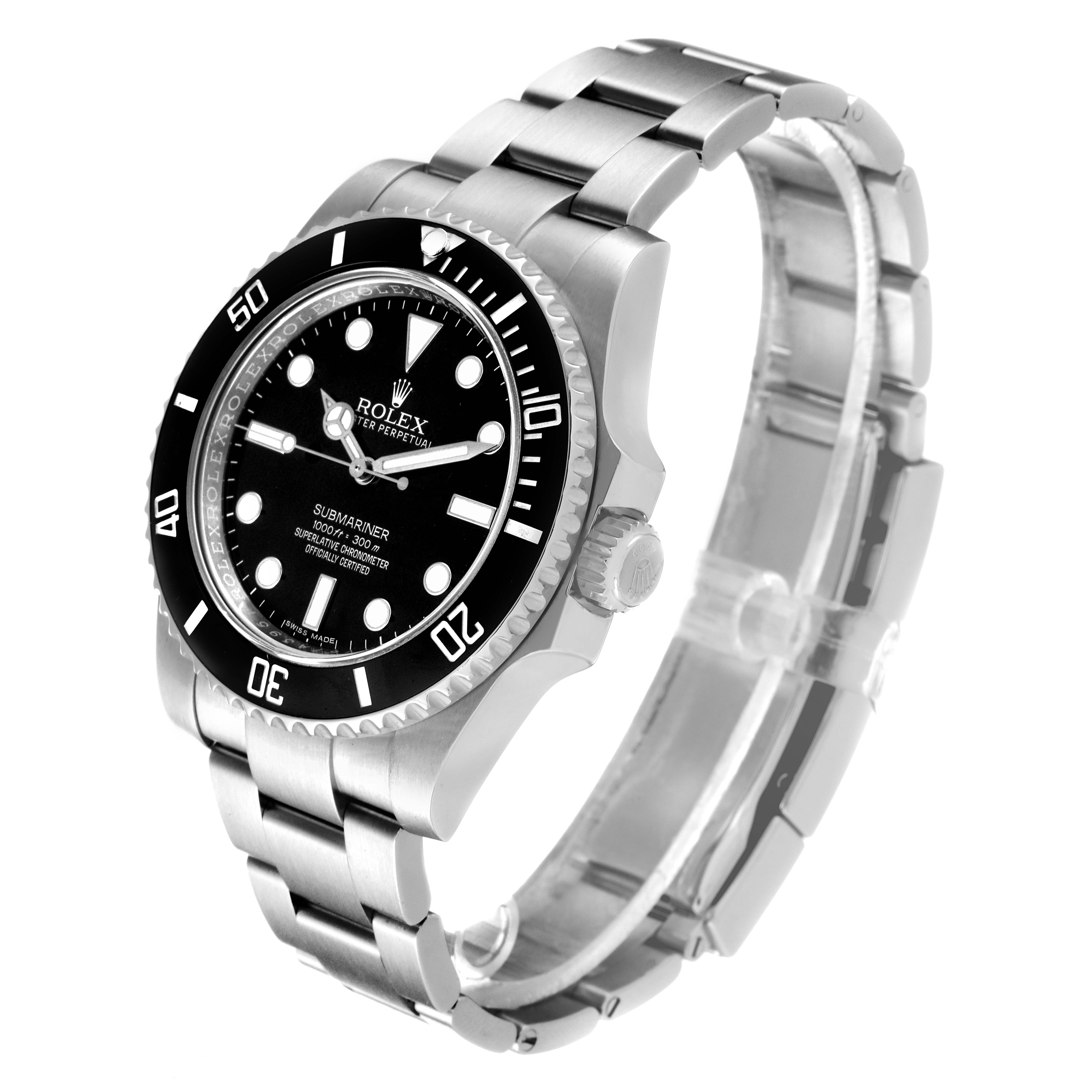 This image shows a side and front view of a Rolex Submariner 114060 Men
s Stainless Steel Black Dial 114060 Men
s Stainless Steel Black Dial, displaying the watch face, bezel, case, crown, and bracelet.