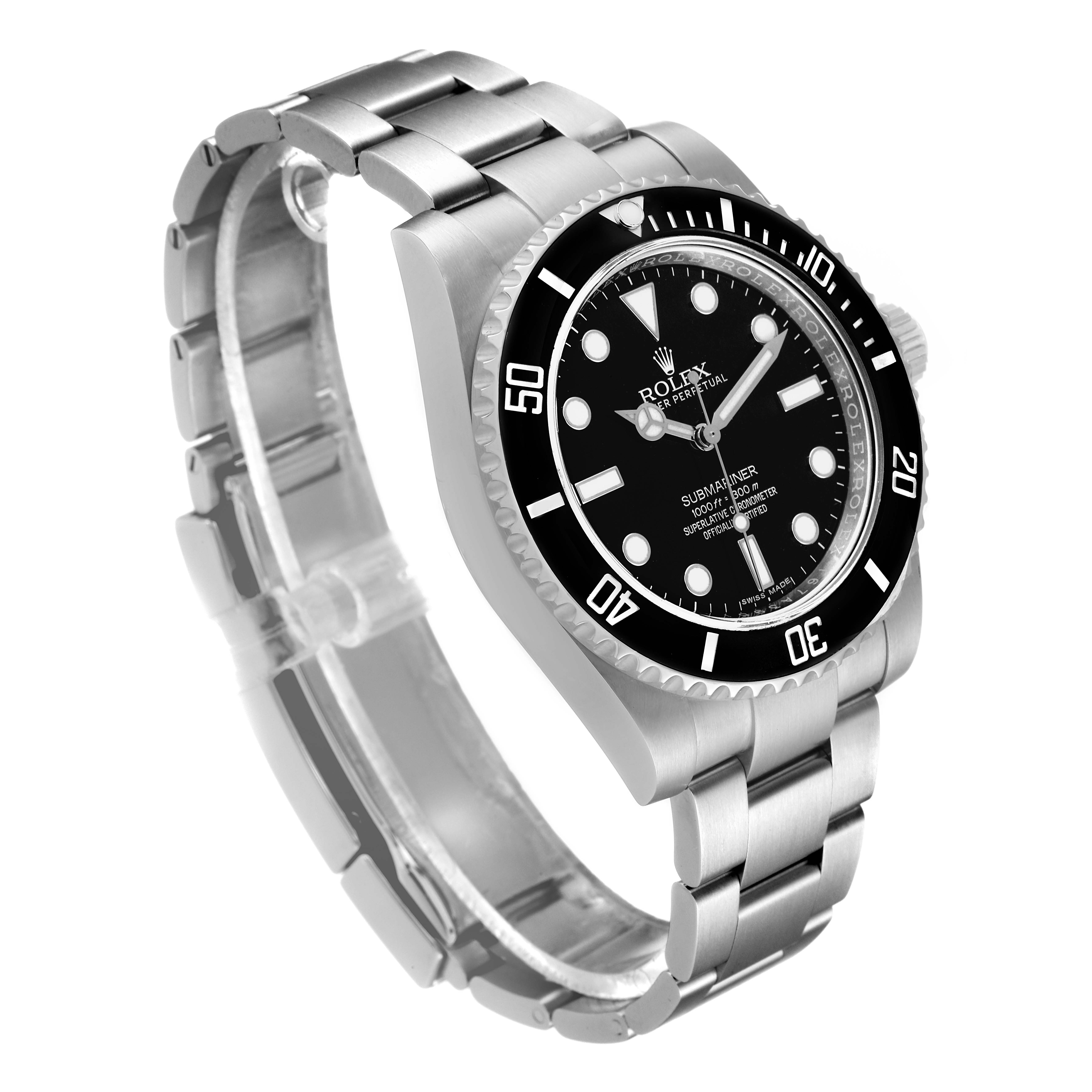 The Rolex Submariner 114060 Men
s Stainless Steel Black Dial 114060 Men
s Stainless Steel Black Dial watch is shown from a front angle, displaying its black dial, bezel, and stainless steel bracelet.