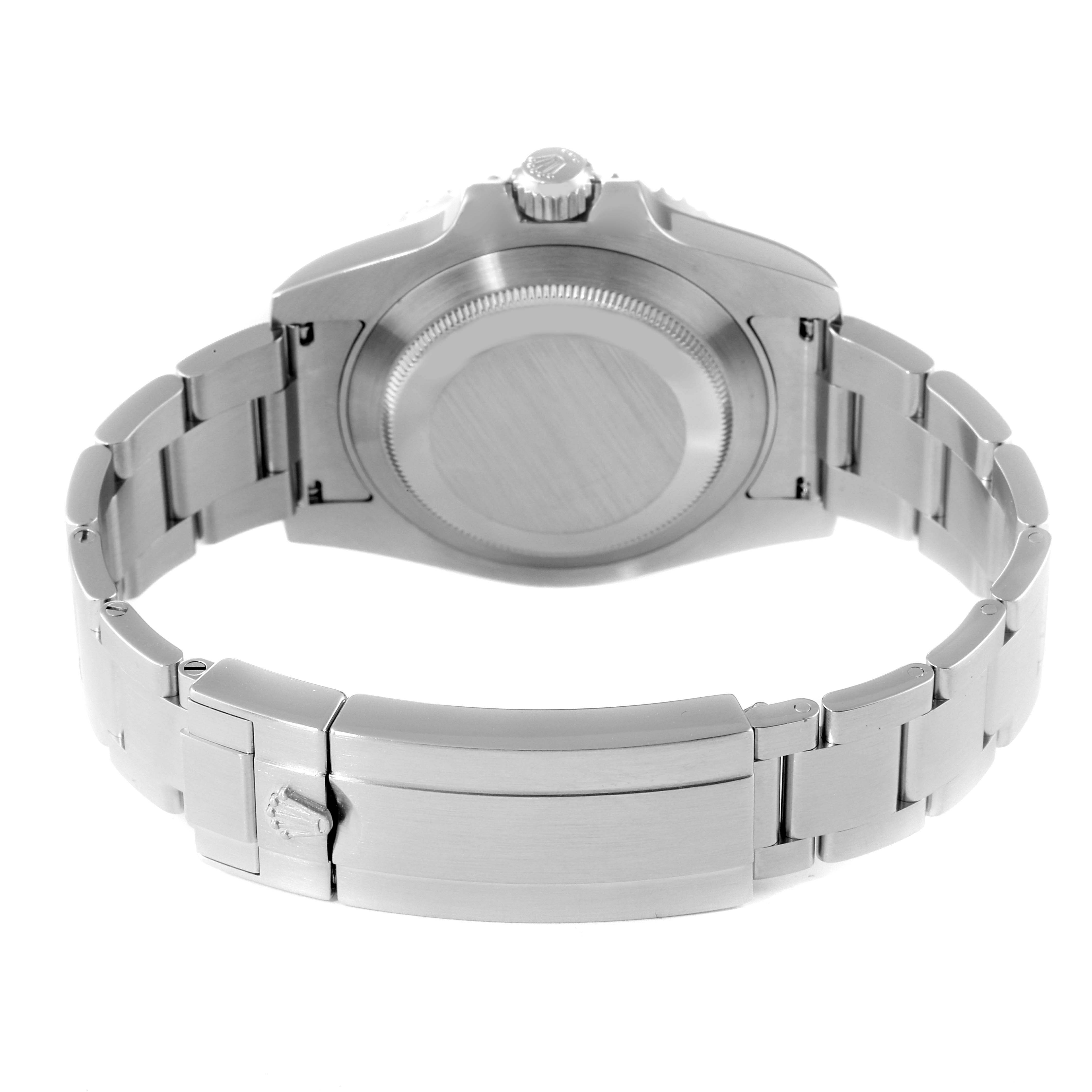 This image shows the backside view of the Rolex Submariner 114060 Men
s Stainless Steel Black Dial 114060 Men
s Stainless Steel Black Dial watch, highlighting its bracelet and closed clasp.