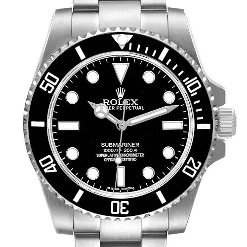 The image shows the front view of the Rolex Submariner, highlighting its dial, bezel, hands, and part of the bracelet.