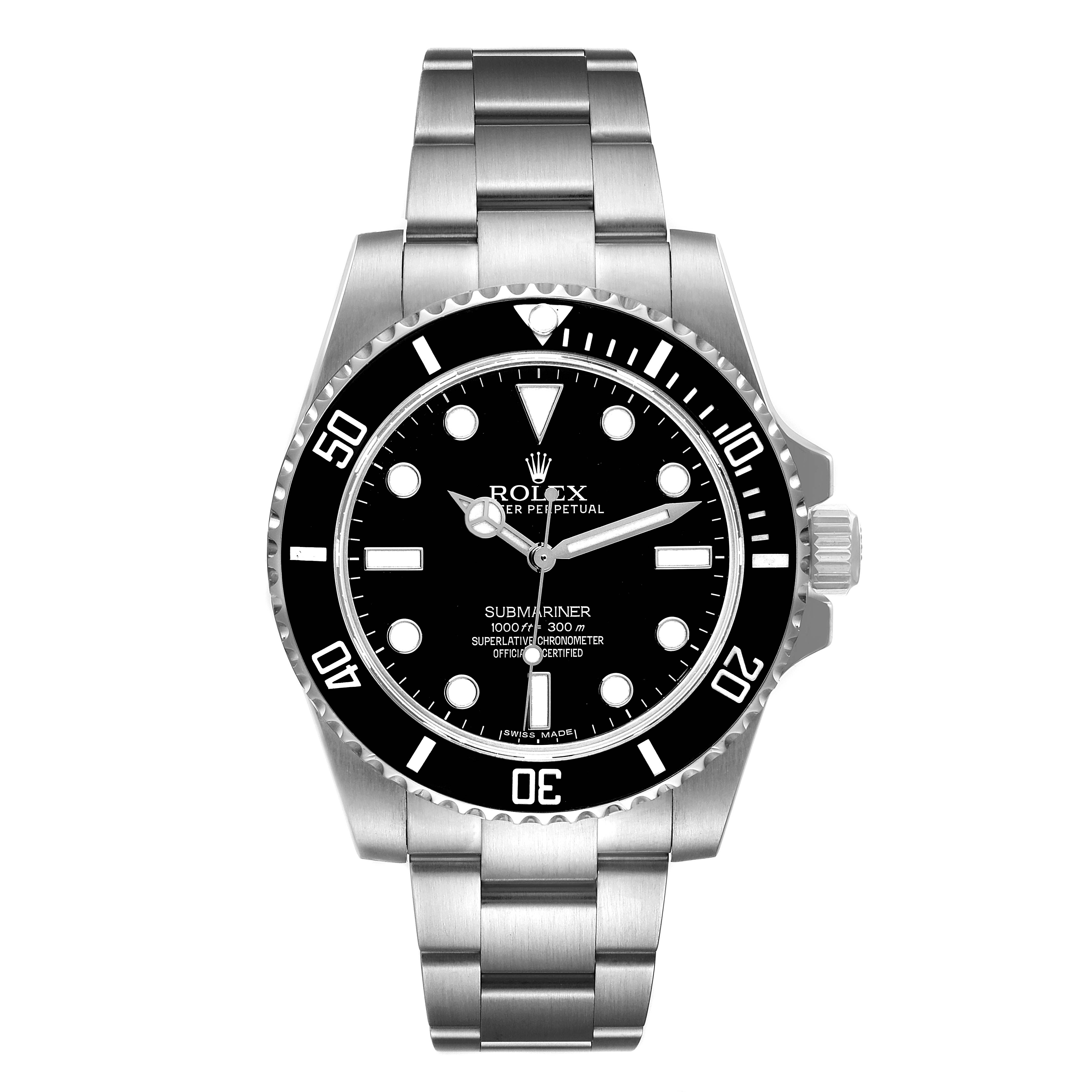 The image shows a front view of the Rolex Submariner 114060 Men
s Stainless Steel Black Dial 114060 Men
s Stainless Steel Black Dial watch, displaying the dial, bezel, case, and bracelet.