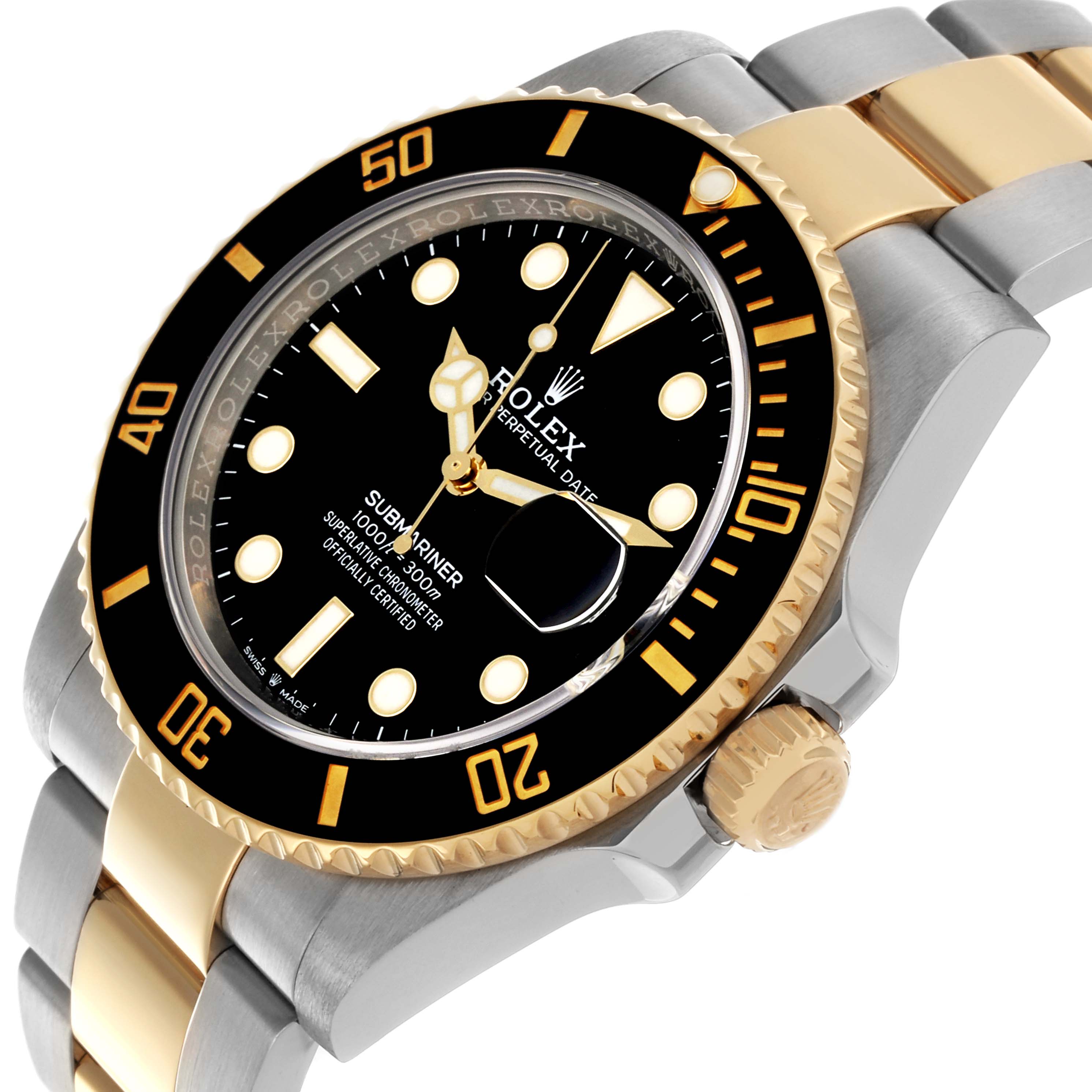 The Rolex Submariner 126613LN Men's Steel and Gold (two tone) Black Dial 126613LN Men's Steel and Gold (two tone) Black Dial watch is shown at a slight angle, highlighting the bezel, dial, crown, and two-tone bracelet.