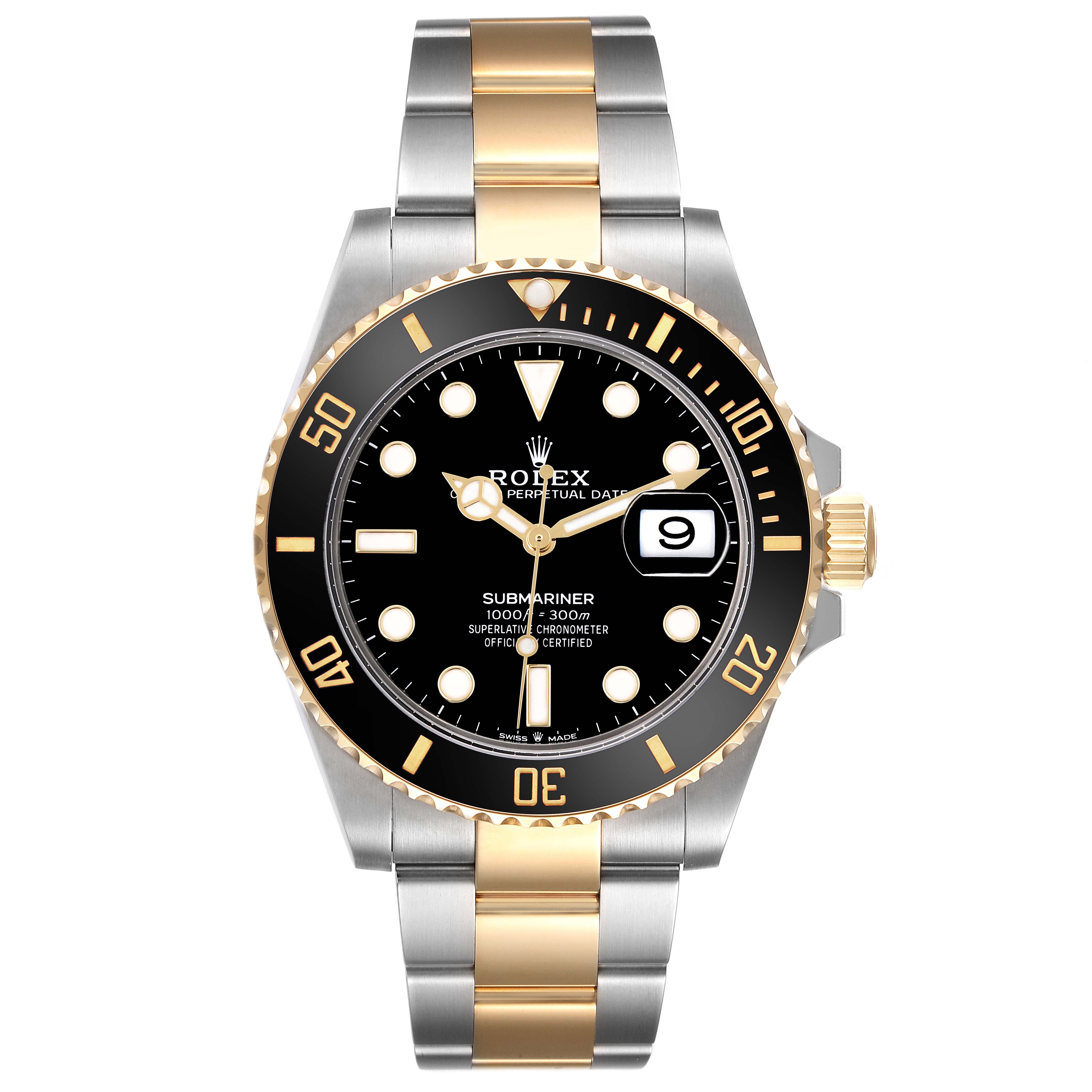 The Rolex Submariner 126613LN Men's Steel and Gold (two tone) Black Dial 126613LN Men's Steel and Gold (two tone) Black Dial watch is shown from a front angle, highlighting the bezel, dial, crown, and two-tone bracelet.
