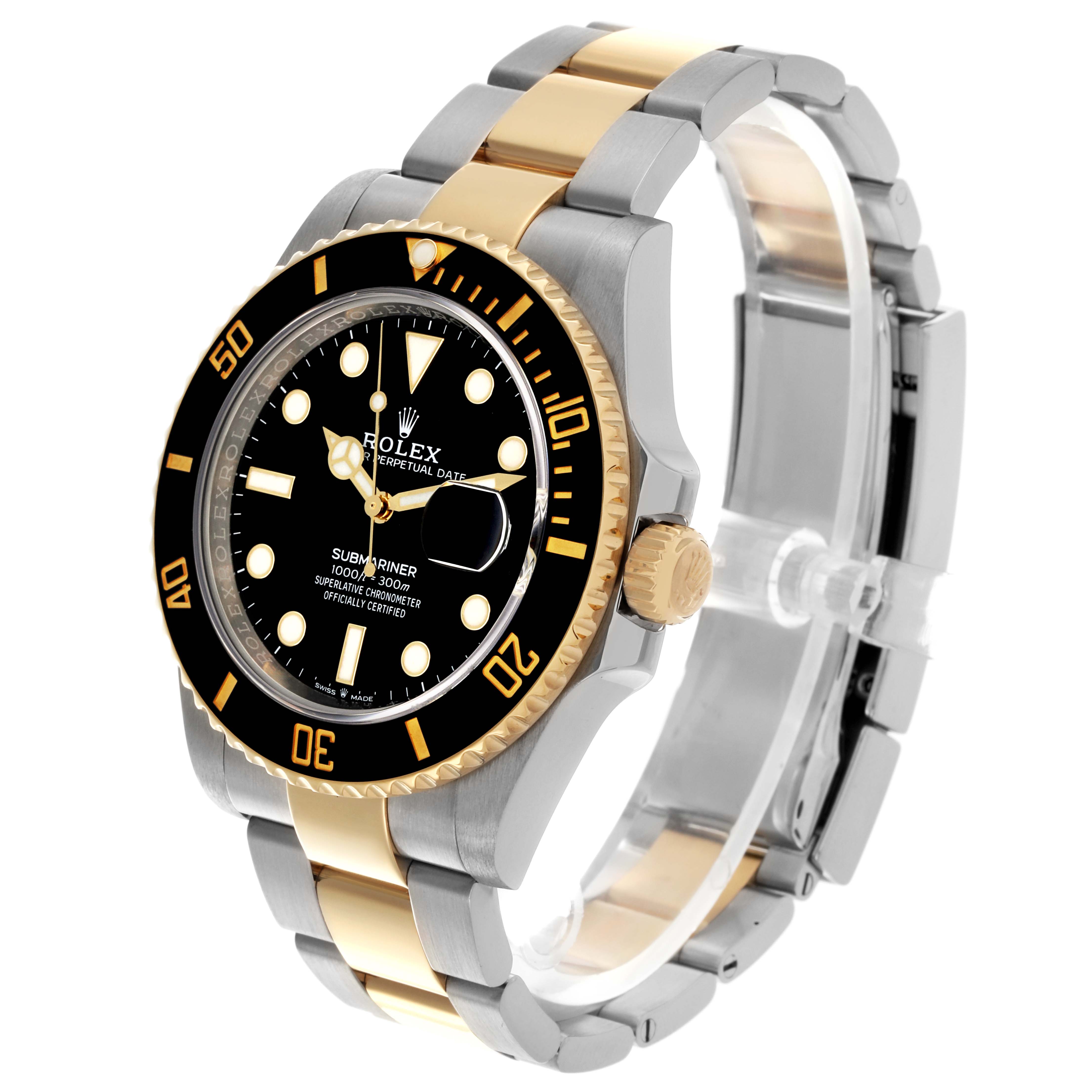 The image shows a Rolex Submariner 126613LN Men's Steel and Gold (two tone) Black Dial 126613LN Men's Steel and Gold (two tone) Black Dial at a three-quarter angle, highlighting the black dial, gold bezel, and two-tone bracelet.