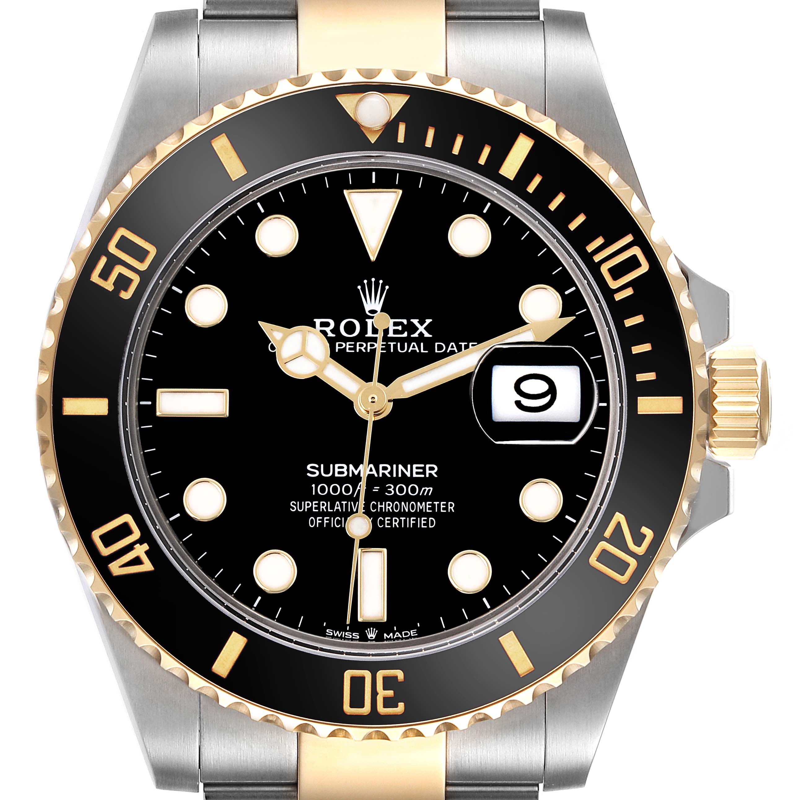 The Rolex Submariner 126613LN Men's Steel and Gold (two tone) Black Dial 126613LN Men's Steel and Gold (two tone) Black Dial watch is shown from the front, highlighting its dial, bezel, and bracelet.