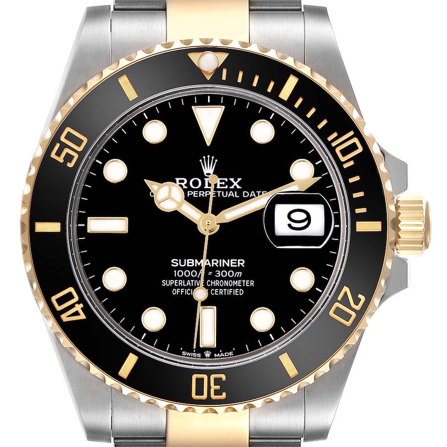 The Rolex Submariner watch is shown from the front, highlighting its dial, bezel, and bracelet.