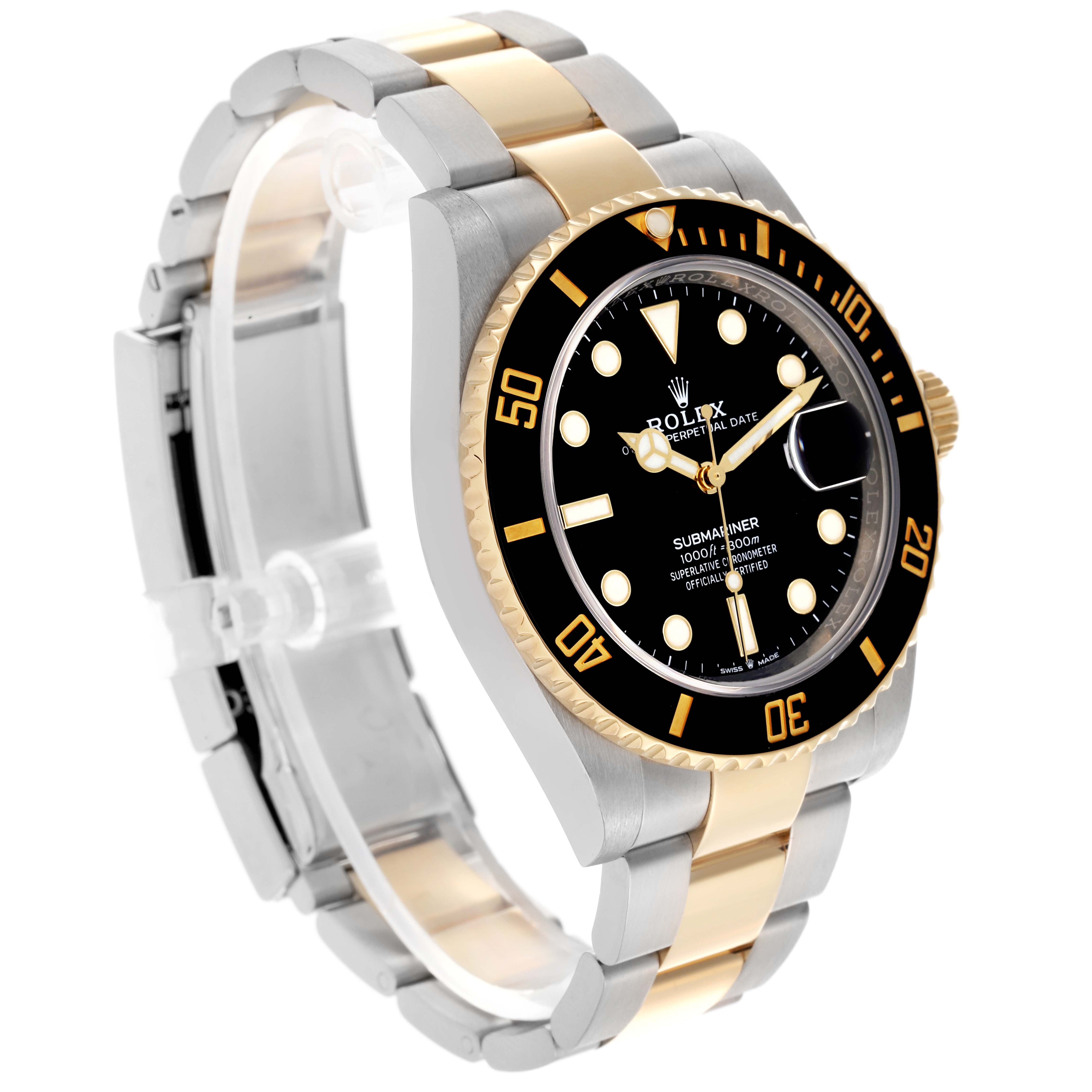 The Rolex Submariner 126613LN Men's Steel and Gold (two tone) Black Dial 126613LN Men's Steel and Gold (two tone) Black Dial watch is shown at a slight angle, highlighting the face, bezel, and two-tone bracelet.