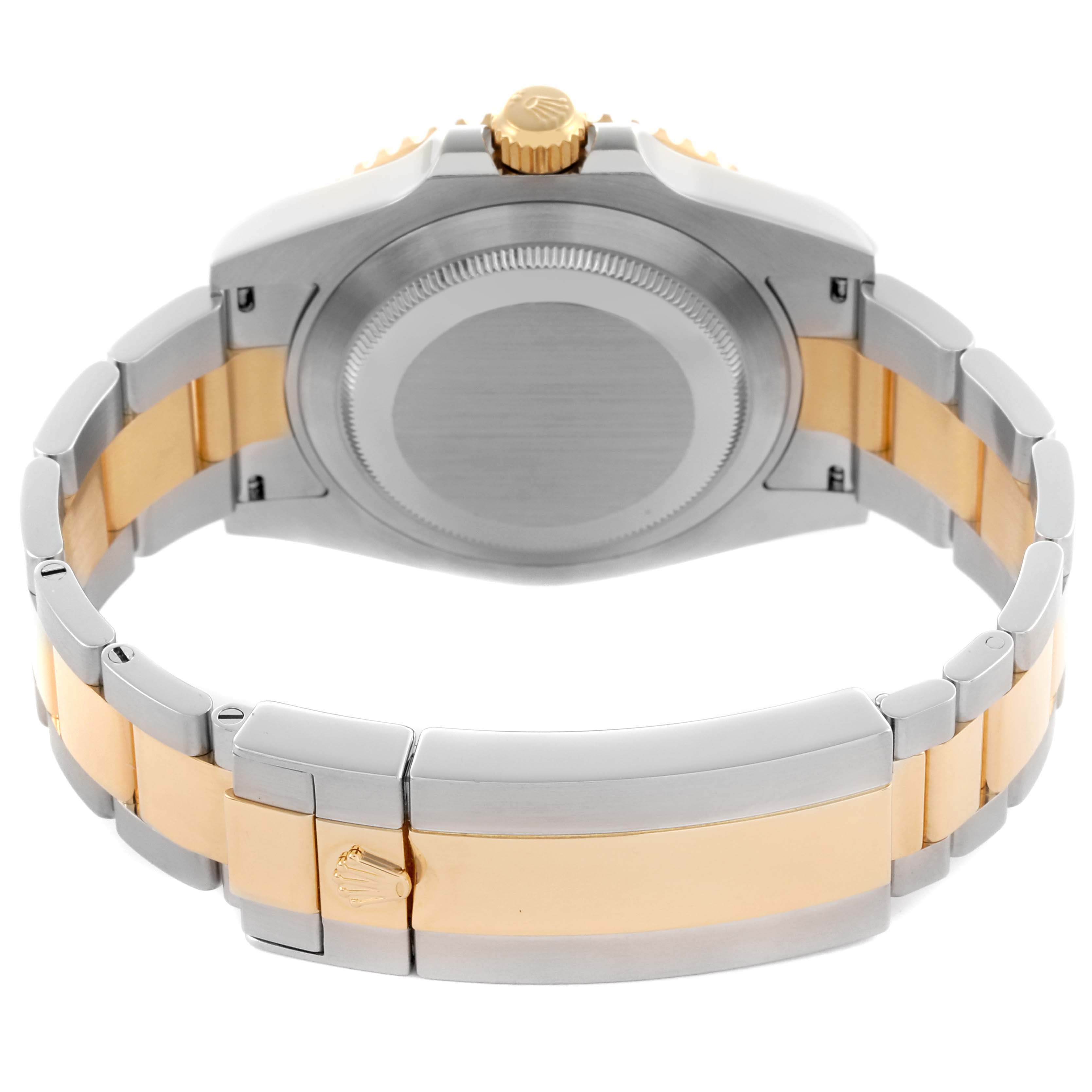 The Rolex Submariner 126613LN Men's Steel and Gold (two tone) Black Dial 126613LN Men's Steel and Gold (two tone) Black Dial is shown from the back, highlighting the clasp, bracelet, caseback, and crown.