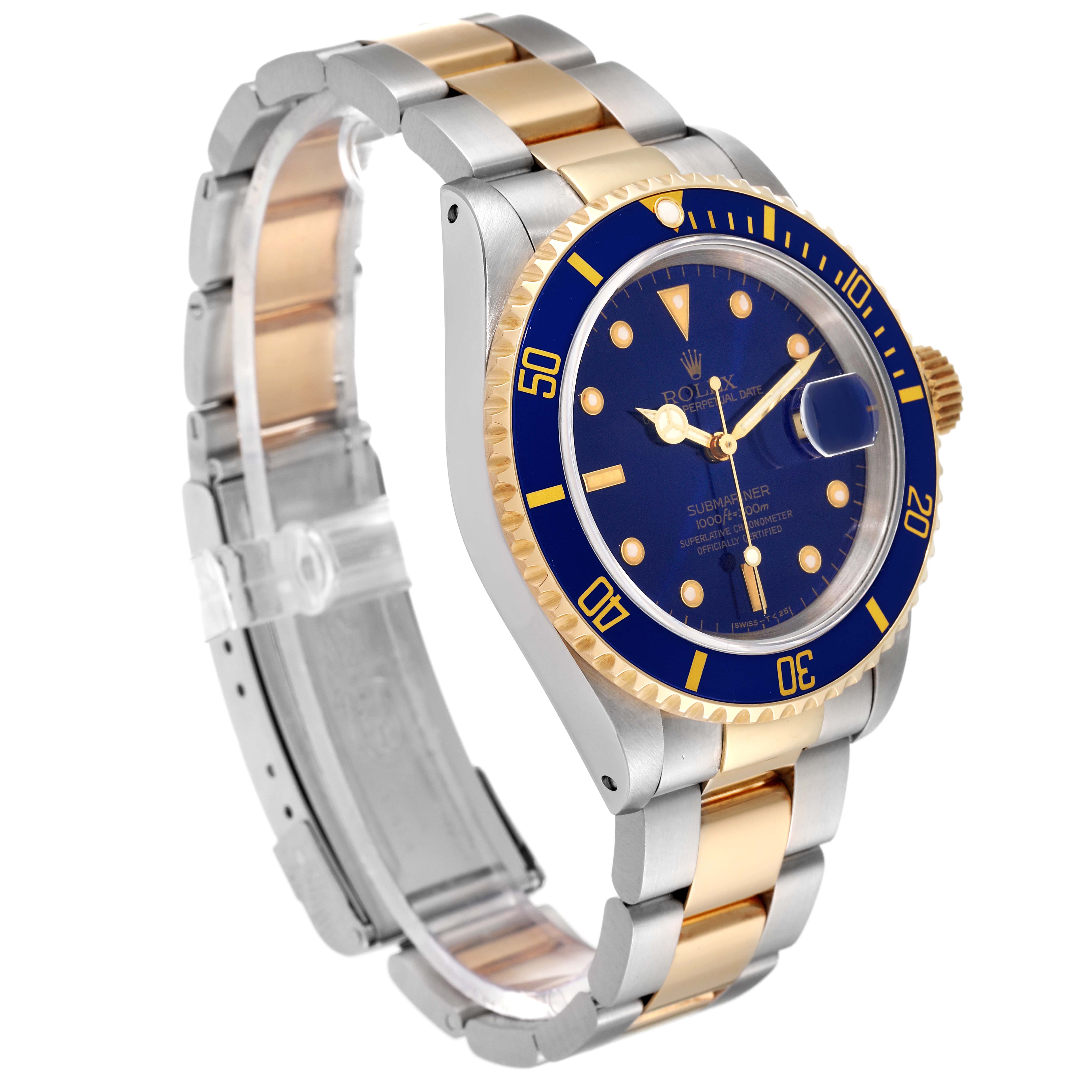 The image shows a side-angle view of a Rolex Submariner 16613 Men's Steel and Gold (two tone) Blue Dial 16613 Men's Steel and Gold (two tone) Blue Dial watch, highlighting its two-tone band and blue bezel.