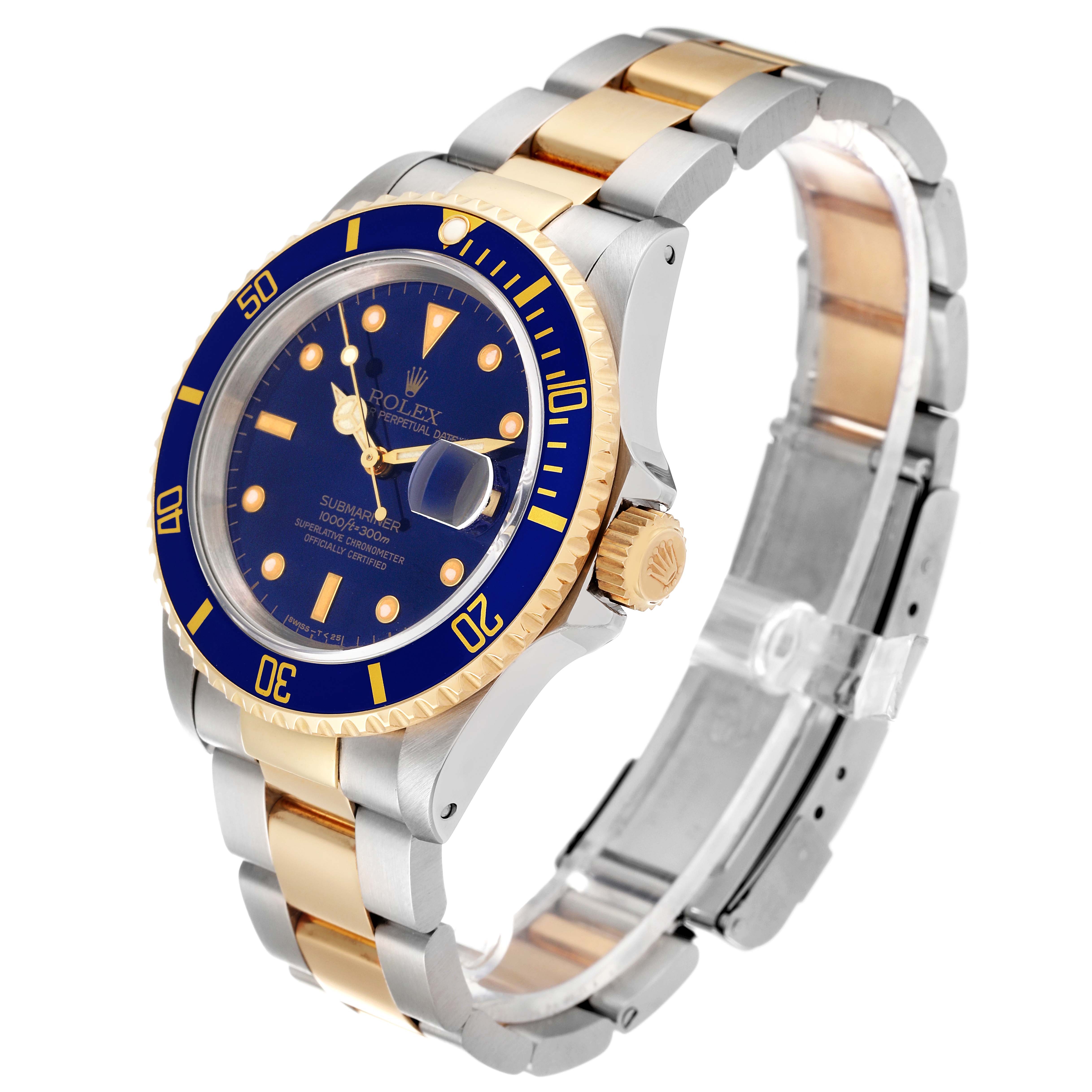 The Rolex Submariner 16613 Men's Steel and Gold (two tone) Blue Dial 16613 Men's Steel and Gold (two tone) Blue Dial watch is shown at an angled side view, highlighting the dial, bezel, crown, and two-tone bracelet.
