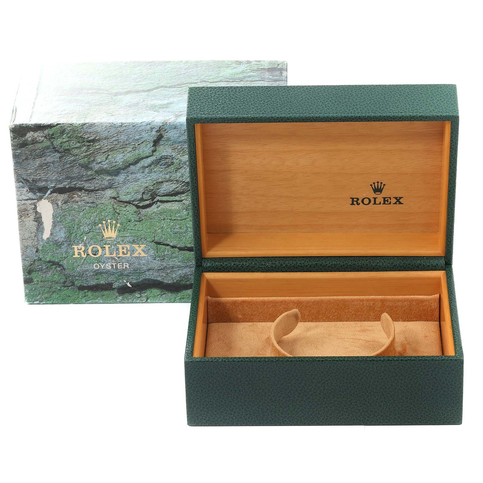 The image shows an open green Rolex Submariner 16613 Men's Steel and Gold (two tone) Blue Dial 16613 Men's Steel and Gold (two tone) Blue Dial watch box with a wood interior and the outer packaging box beside it.