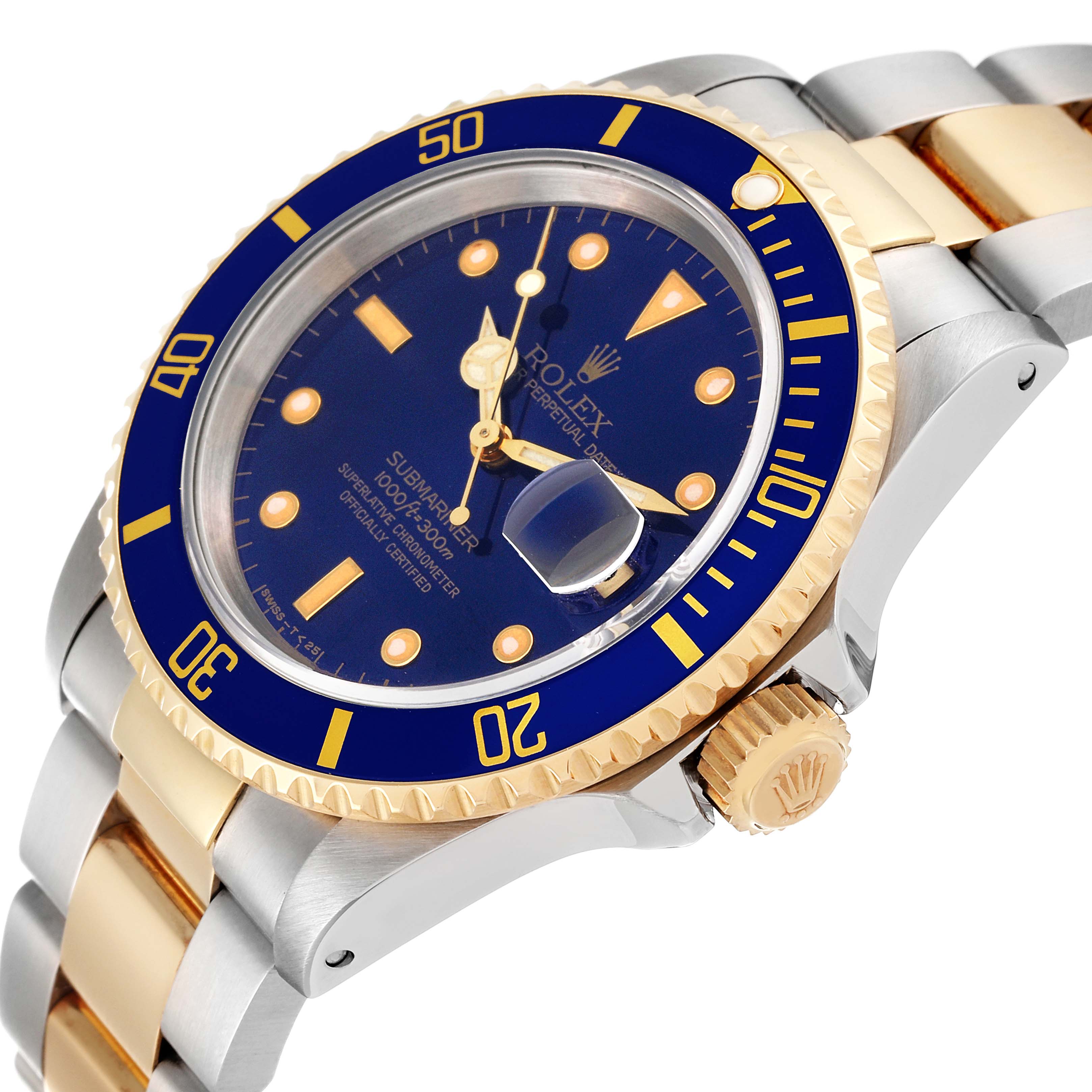 The image shows a close-up angle of the Rolex Submariner 16613 Men's Steel and Gold (two tone) Blue Dial 16613 Men's Steel and Gold (two tone) Blue Dial, highlighting the blue dial, bezel, and crown with gold accents.