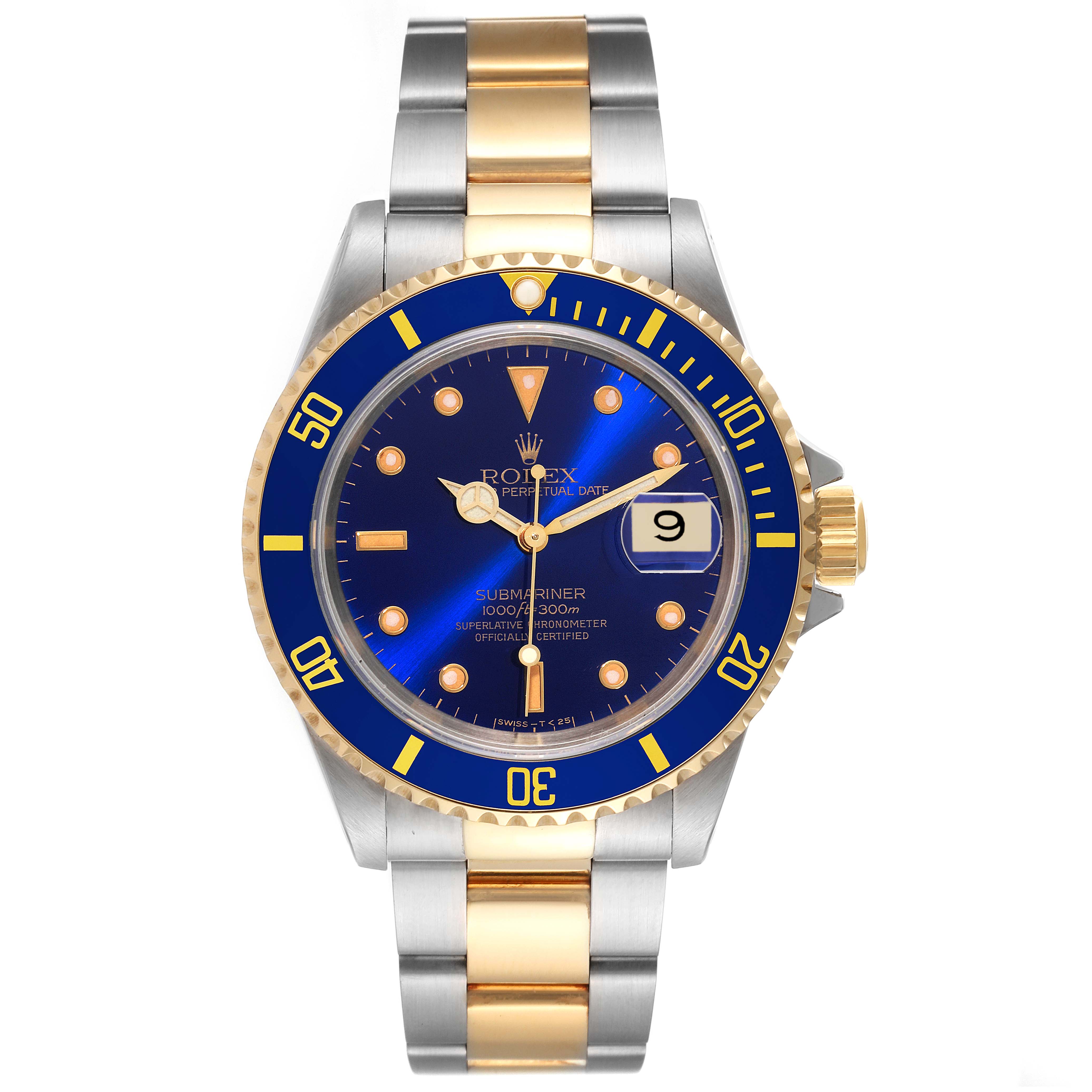 This Rolex Submariner 16613 Men's Steel and Gold (two tone) Blue Dial 16613 Men's Steel and Gold (two tone) Blue Dial watch is shown from the front, highlighting the dial, bezel, and two-tone bracelet.