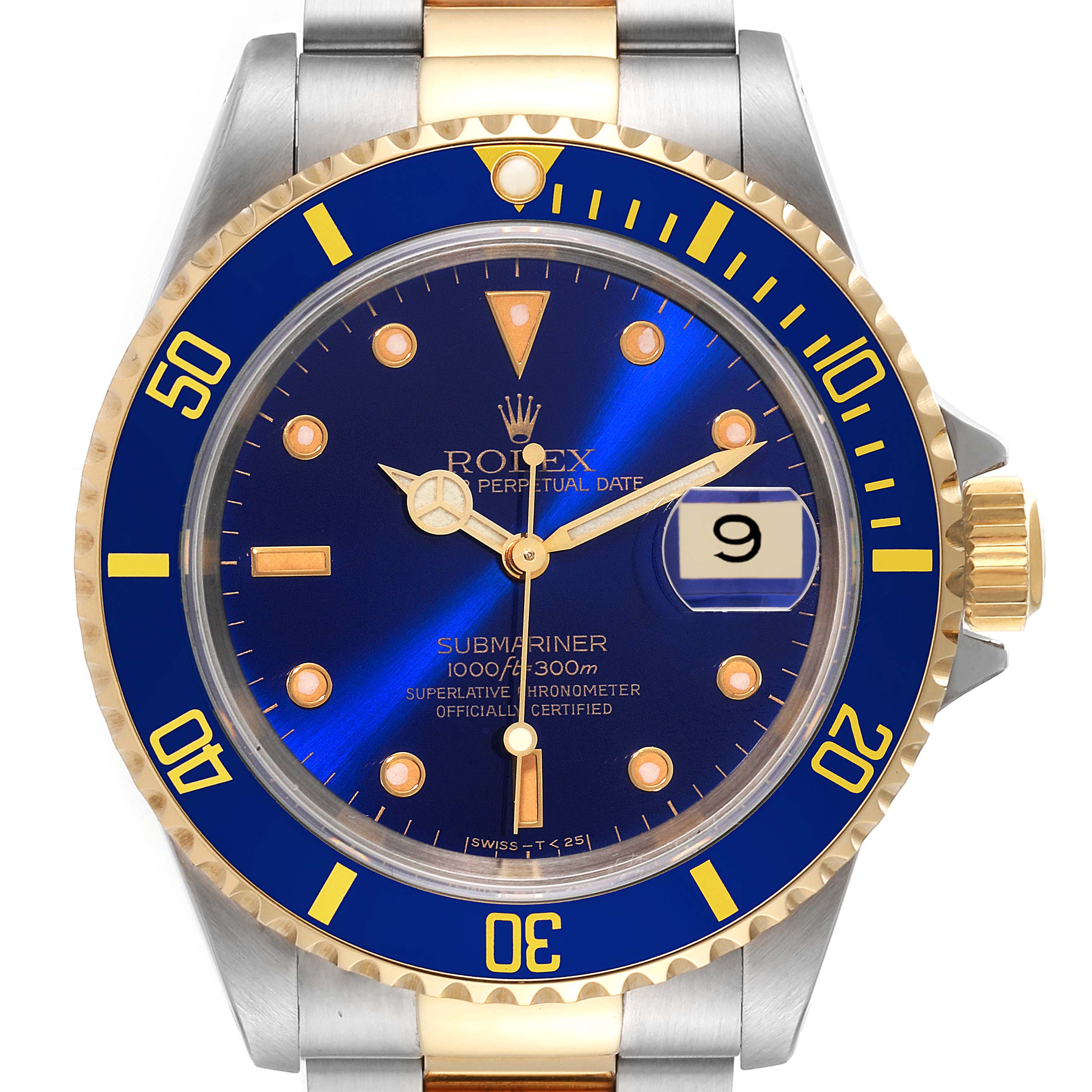 The image shows a frontal view of the Rolex Submariner 16613 Men's Steel and Gold (two tone) Blue Dial 16613 Men's Steel and Gold (two tone) Blue Dial watch, highlighting its bezel, dial, hands, and date window.