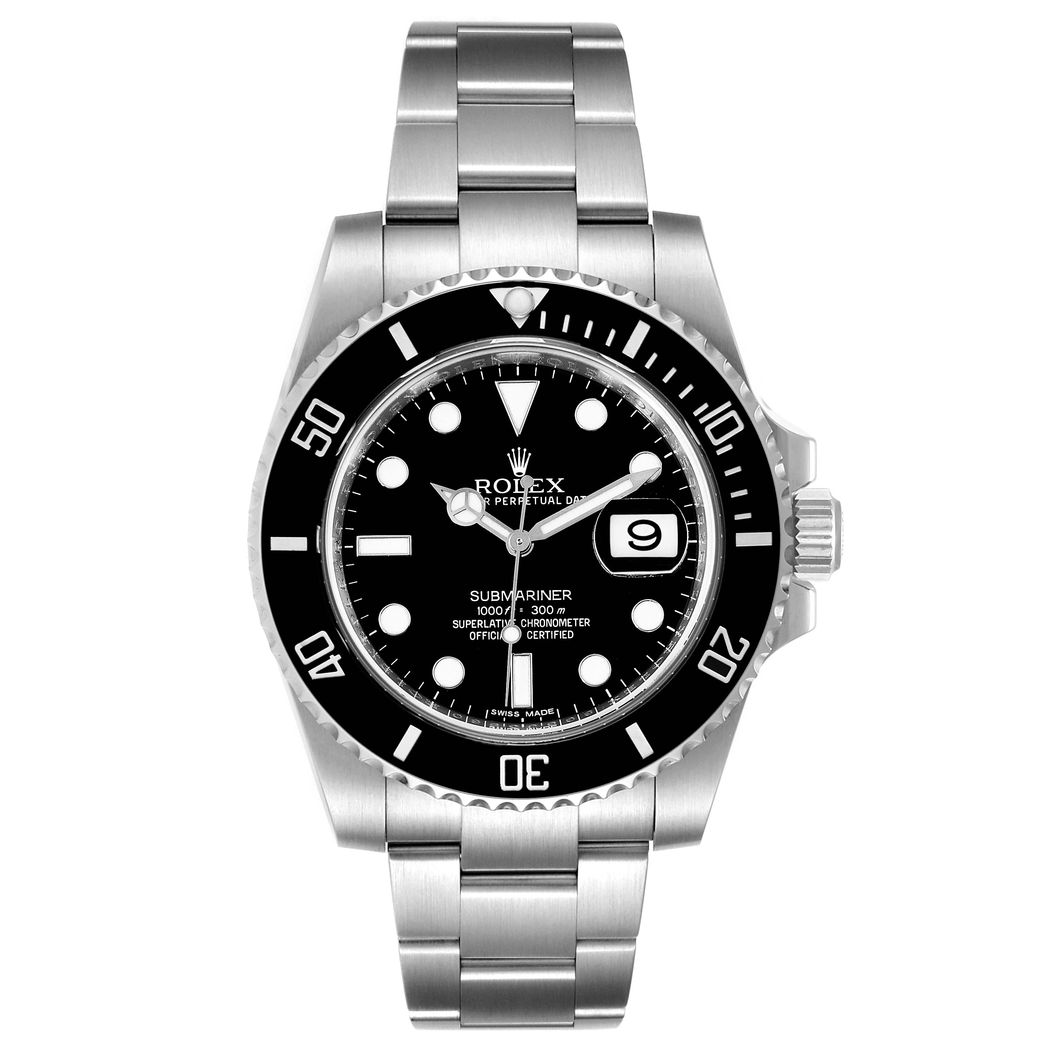 This image shows a front view of the Rolex Submariner 116610LN Men's Stainless Steel Black Dial 116610LN Men's Stainless Steel Black Dial watch, highlighting its dial, bezel, and stainless steel bracelet.