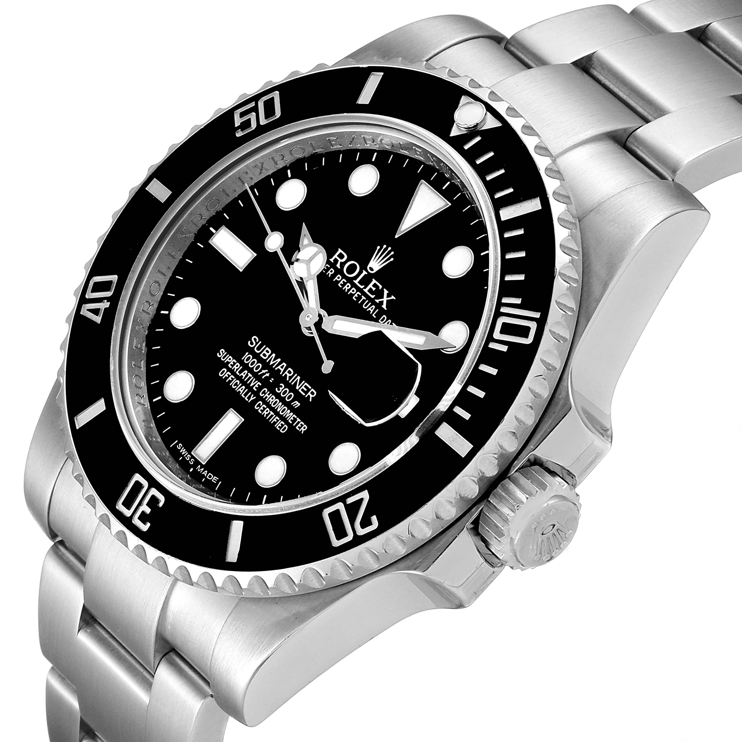 This image showcases a side-angle view of the Rolex Submariner 116610LN Men's Stainless Steel Black Dial 116610LN Men's Stainless Steel Black Dial, highlighting its dial, bezel, crown, and stainless steel bracelet.