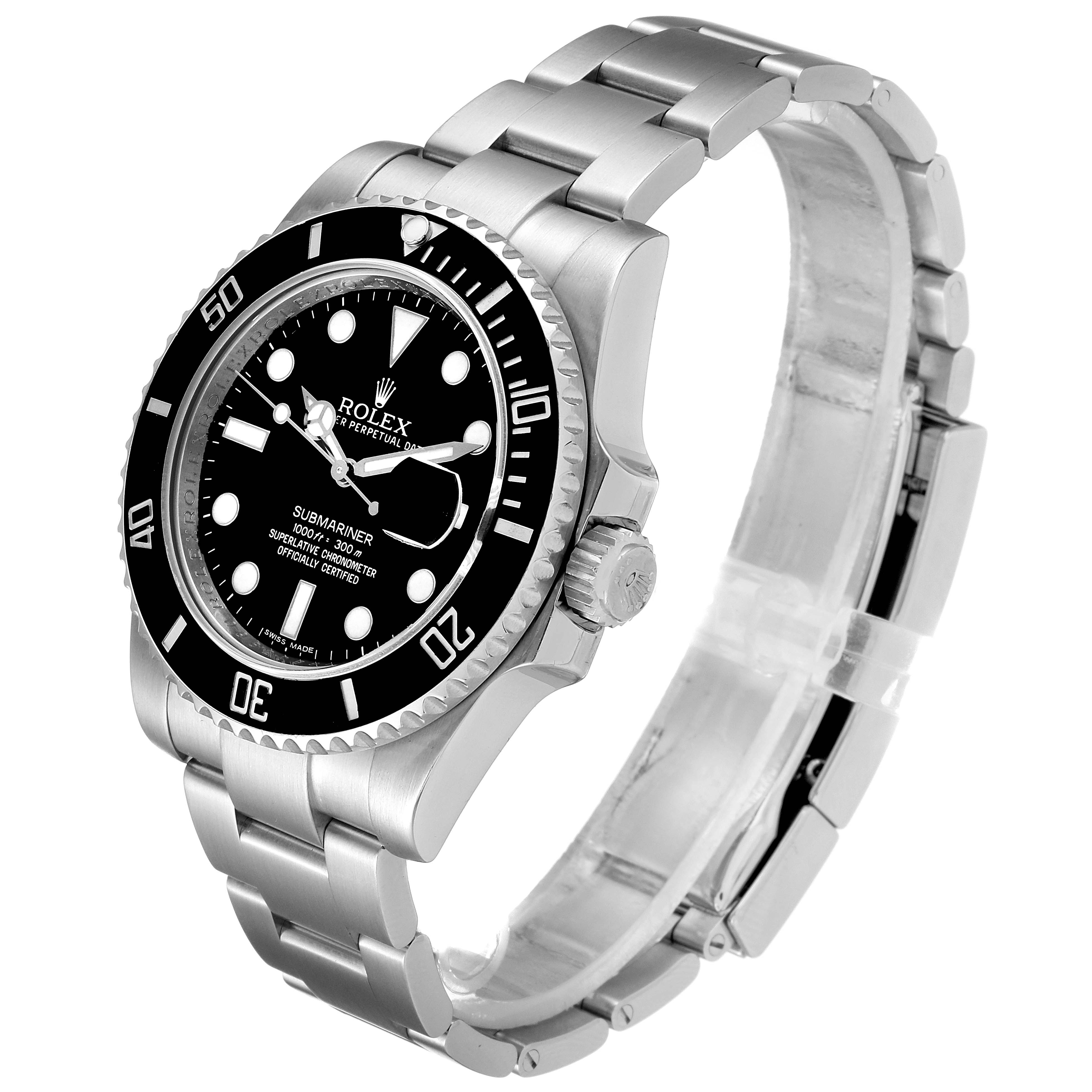 The Rolex Submariner 116610LN Men's Stainless Steel Black Dial 116610LN Men's Stainless Steel Black Dial watch is shown at a slightly angled side view, displaying the face, bezel, crown, and band.