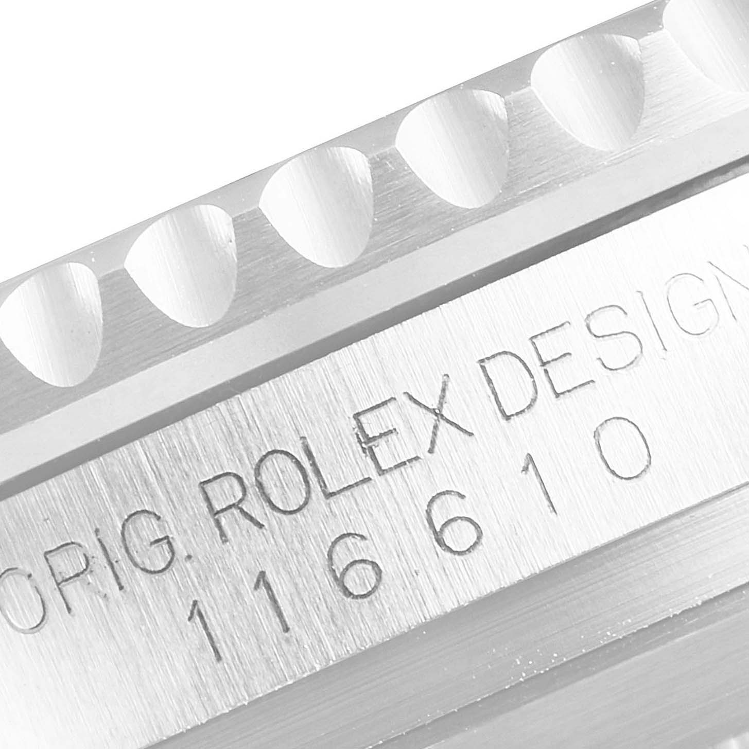 The image shows a close-up of the engraved bezel and case side of a Rolex Submariner 116610LN Men's Stainless Steel Black Dial 116610LN Men's Stainless Steel Black Dial watch, displaying the model number and design.