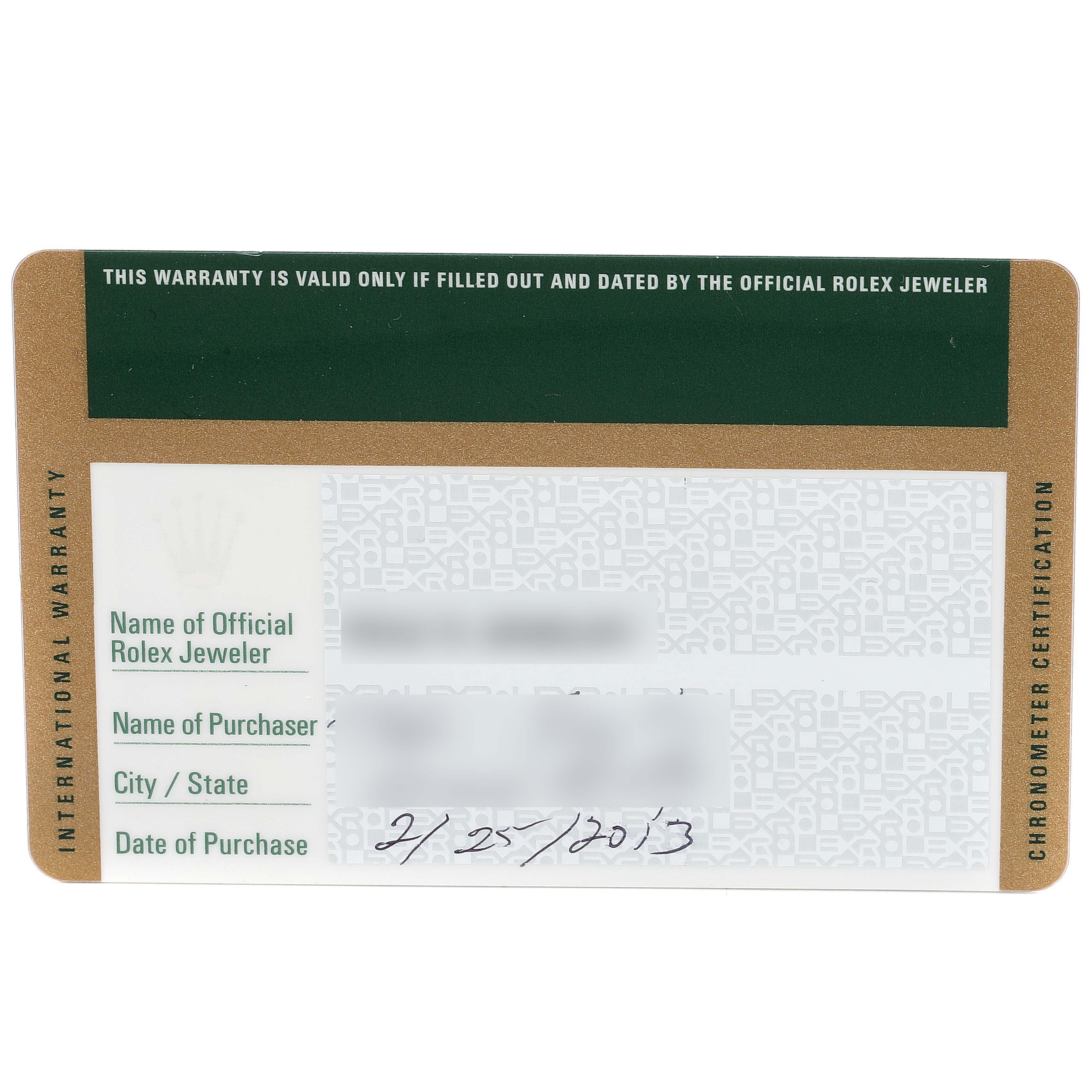 This image shows the warranty card for a Rolex Submariner 116610LN Men's Stainless Steel Black Dial 116610LN Men's Stainless Steel Black Dial, detailing the dealer, purchaser, location, and date of purchase.