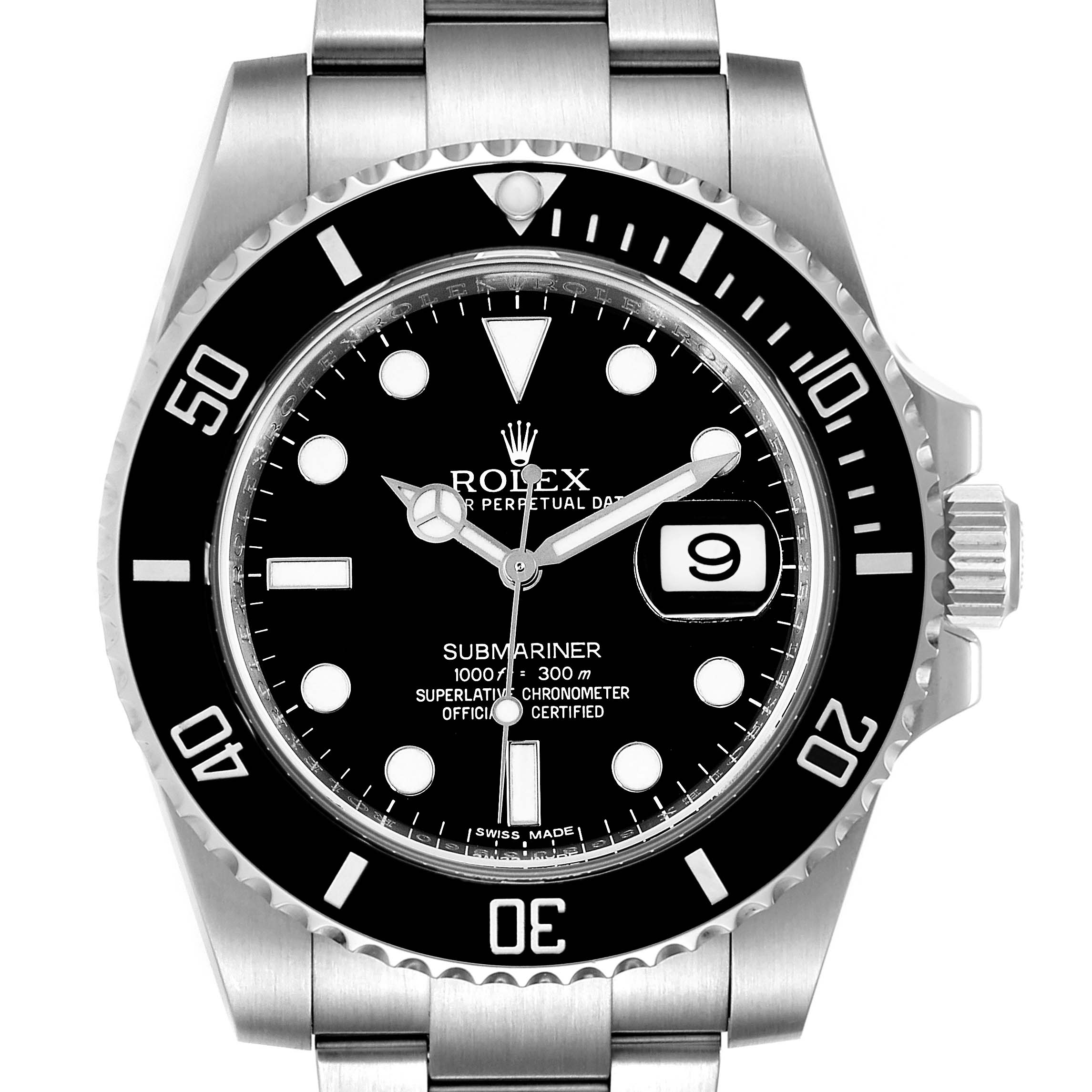 This image shows a front view of a Rolex Submariner 116610LN Men's Stainless Steel Black Dial 116610LN Men's Stainless Steel Black Dial watch, displaying the dial, bezel, crown, and bracelet.