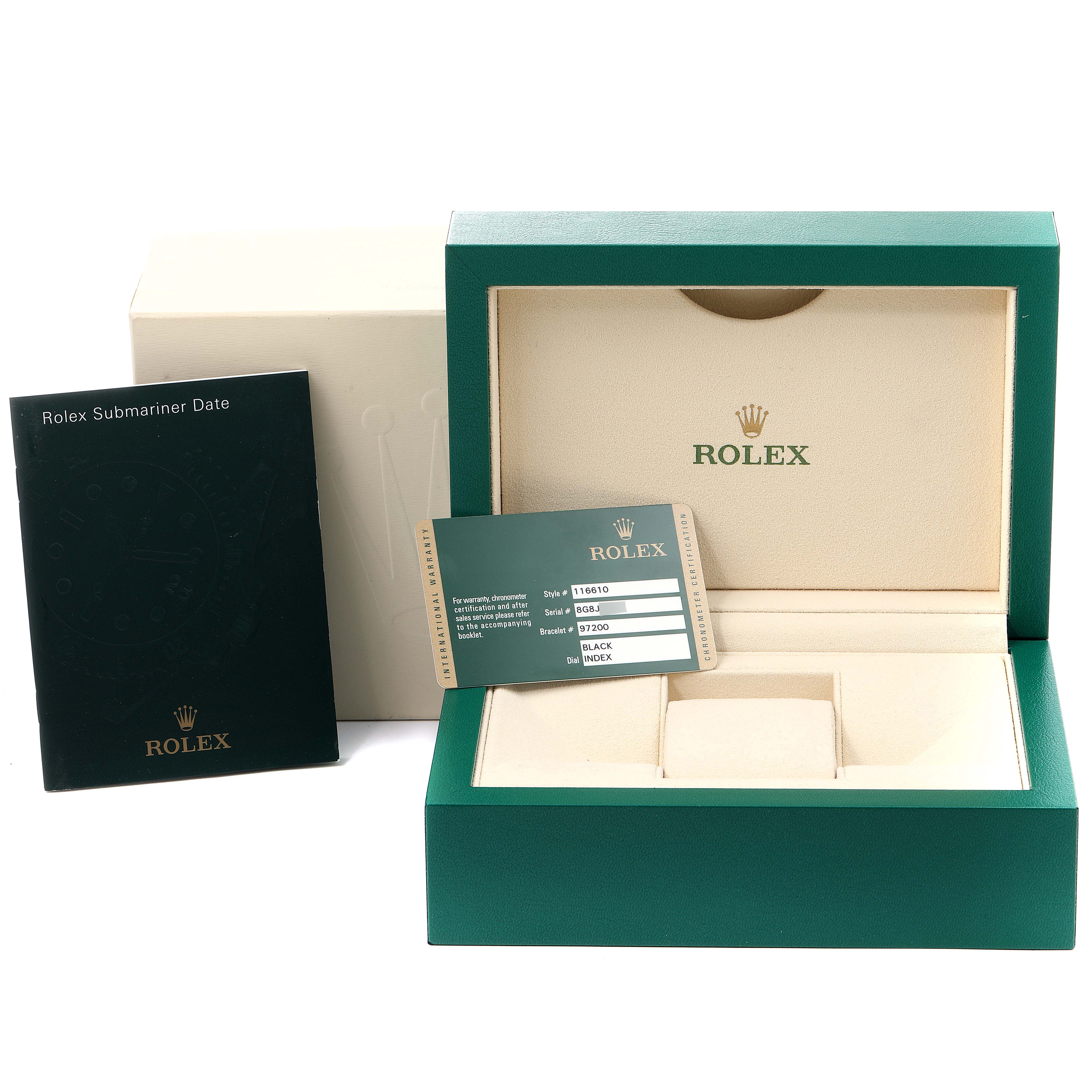 This image shows the Rolex Submariner 116610LN Men's Stainless Steel Black Dial 116610LN Men's Stainless Steel Black Dial watch box, user manual, and warranty card.