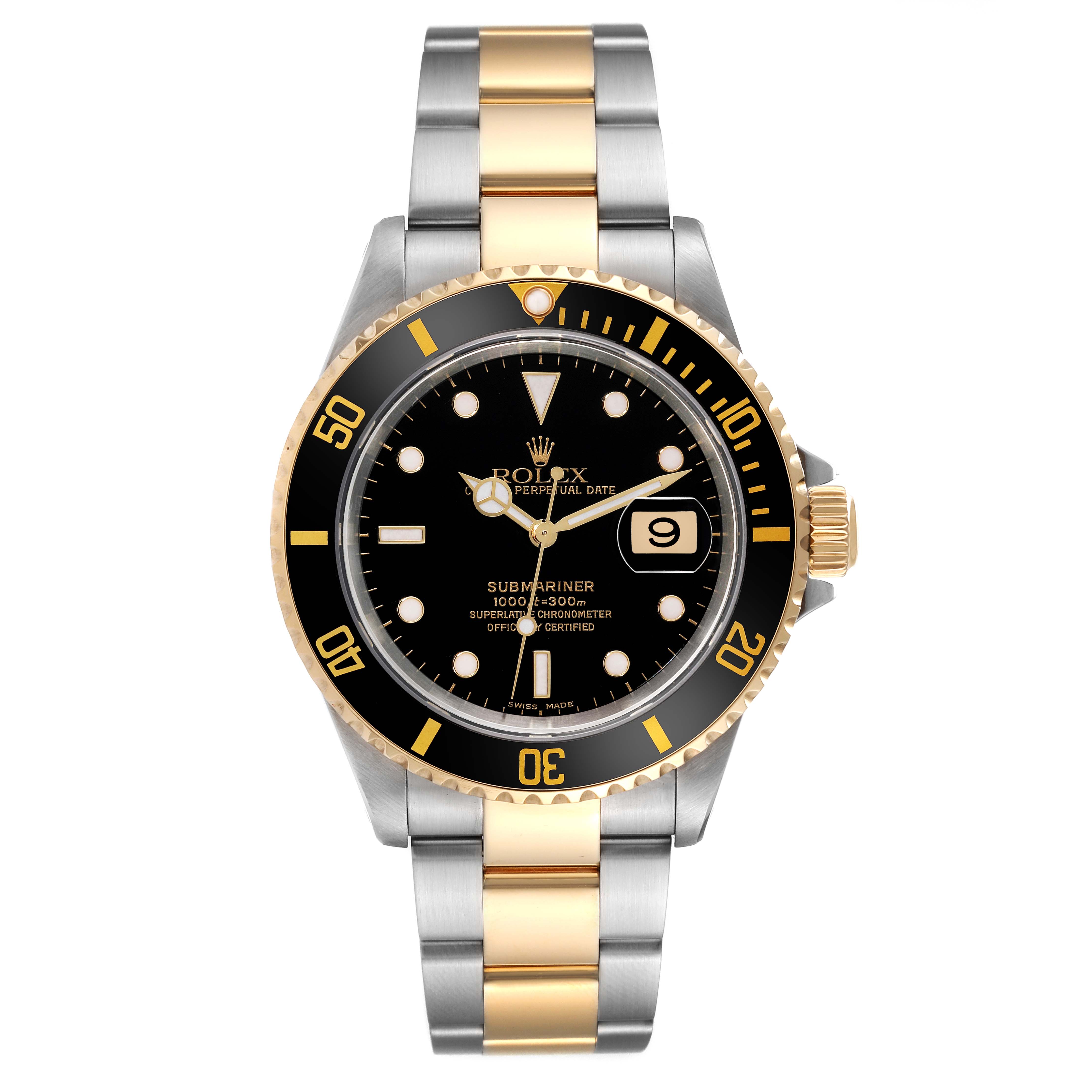 The image shows a frontal view of the Rolex Submariner 16613 Men
s Steel and Gold (two tone) Black Dial 16613 Men
s Steel and Gold (two tone) Black Dial, highlighting its black dial, two-tone bracelet, bezel, and date window.