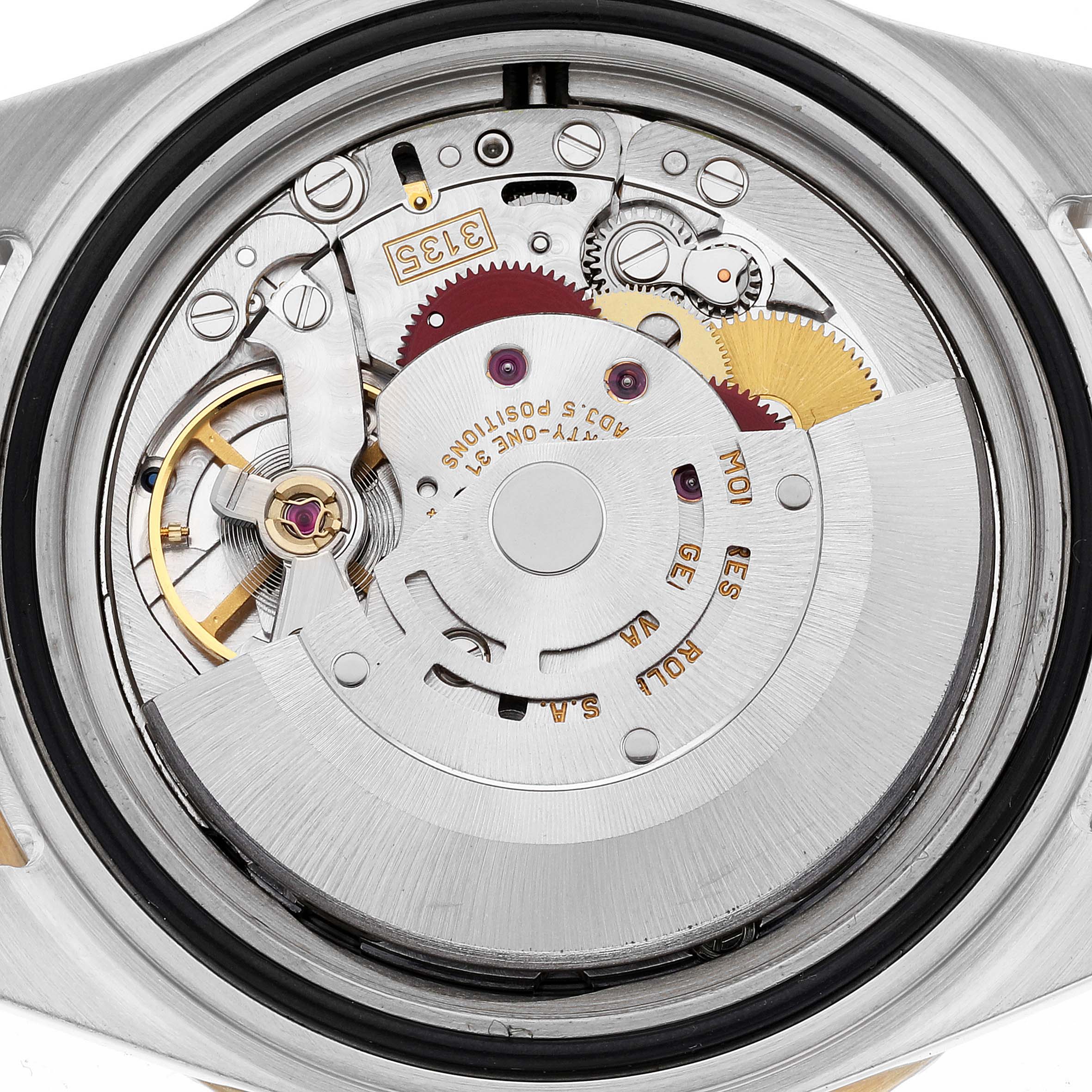 This image shows the internal movement mechanism of a Rolex Submariner 16613 Men
s Steel and Gold (two tone) Black Dial 16613 Men
s Steel and Gold (two tone) Black Dial watch from a top-down angle.