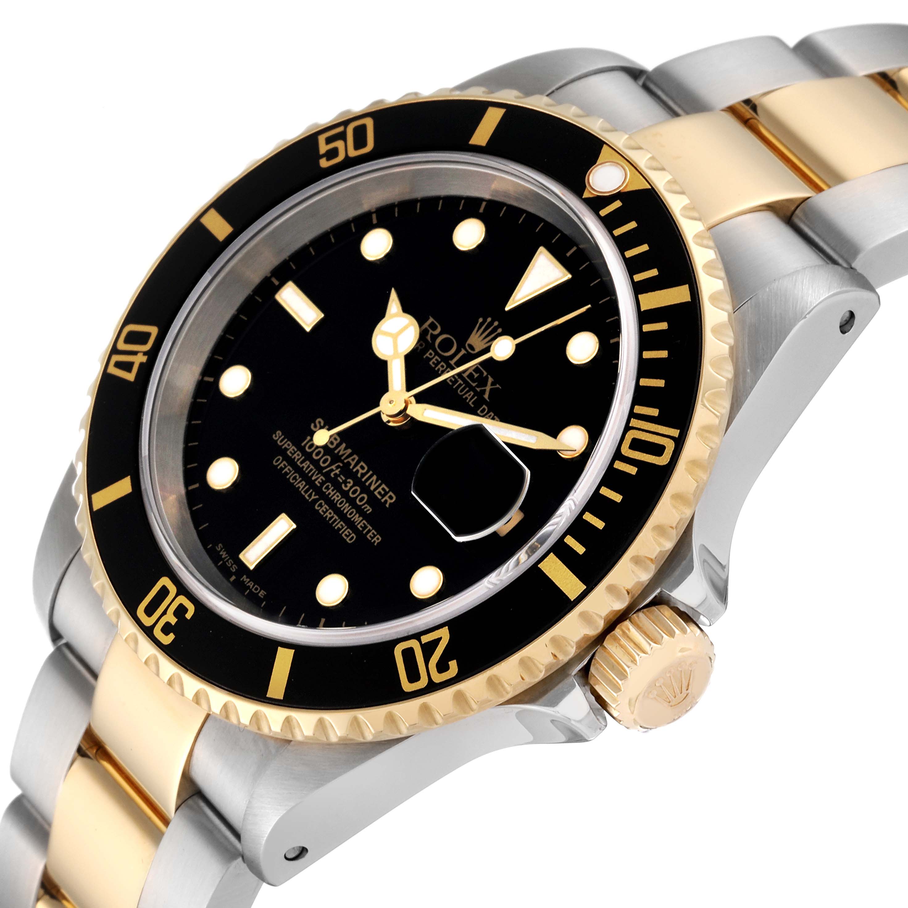 The Rolex Submariner 16613 Men
s Steel and Gold (two tone) Black Dial 16613 Men
s Steel and Gold (two tone) Black Dial watch is shown from an angled close-up, highlighting its black dial, gold bezel, crown, and part of the bracelet.