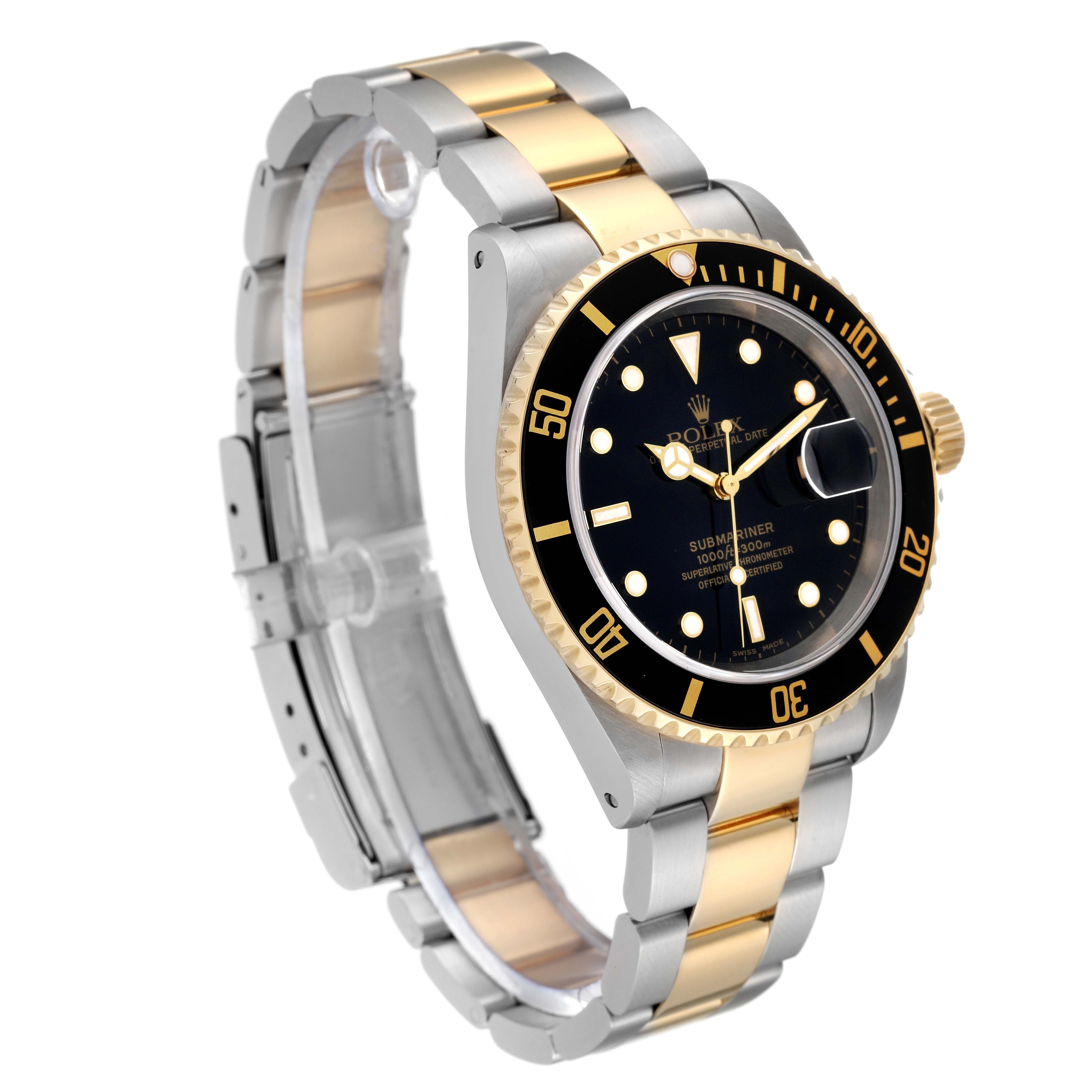 This image shows a Rolex Submariner 16613 Men
s Steel and Gold (two tone) Black Dial 16613 Men
s Steel and Gold (two tone) Black Dial watch at an angle that highlights the face, bezel, and two-tone metal bracelet.