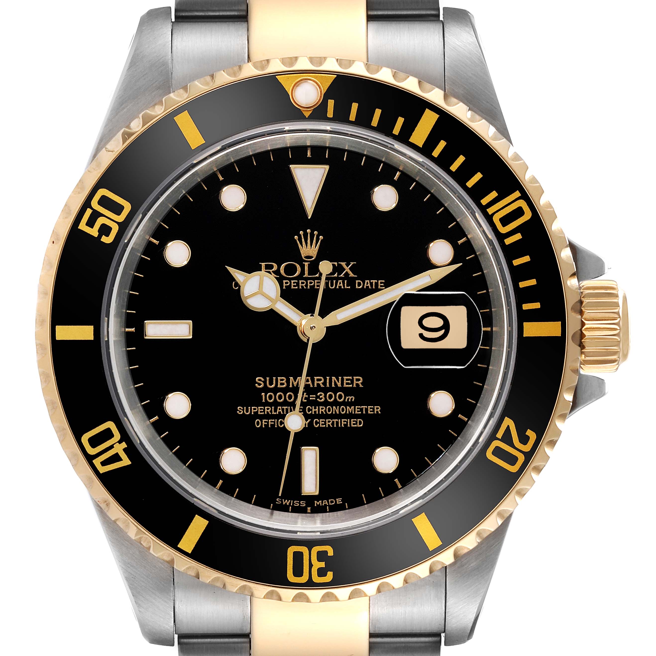 The image shows a front view of the Rolex Submariner 16613 Men
s Steel and Gold (two tone) Black Dial 16613 Men
s Steel and Gold (two tone) Black Dial watch, highlighting its dial, bezel, and bracelet.