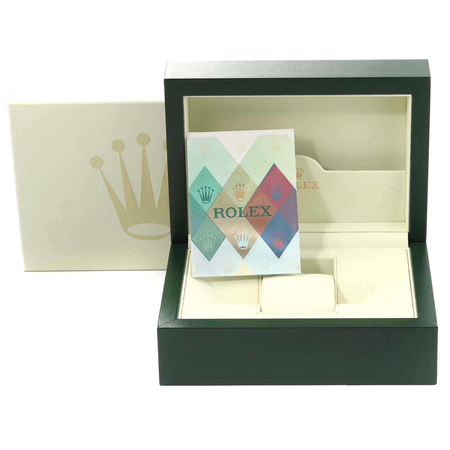 The image shows an open Rolex Submariner 16613 Men
s Steel and Gold (two tone) Black Dial 16613 Men
s Steel and Gold (two tone) Black Dial watch box with its packaging and a booklet inside.