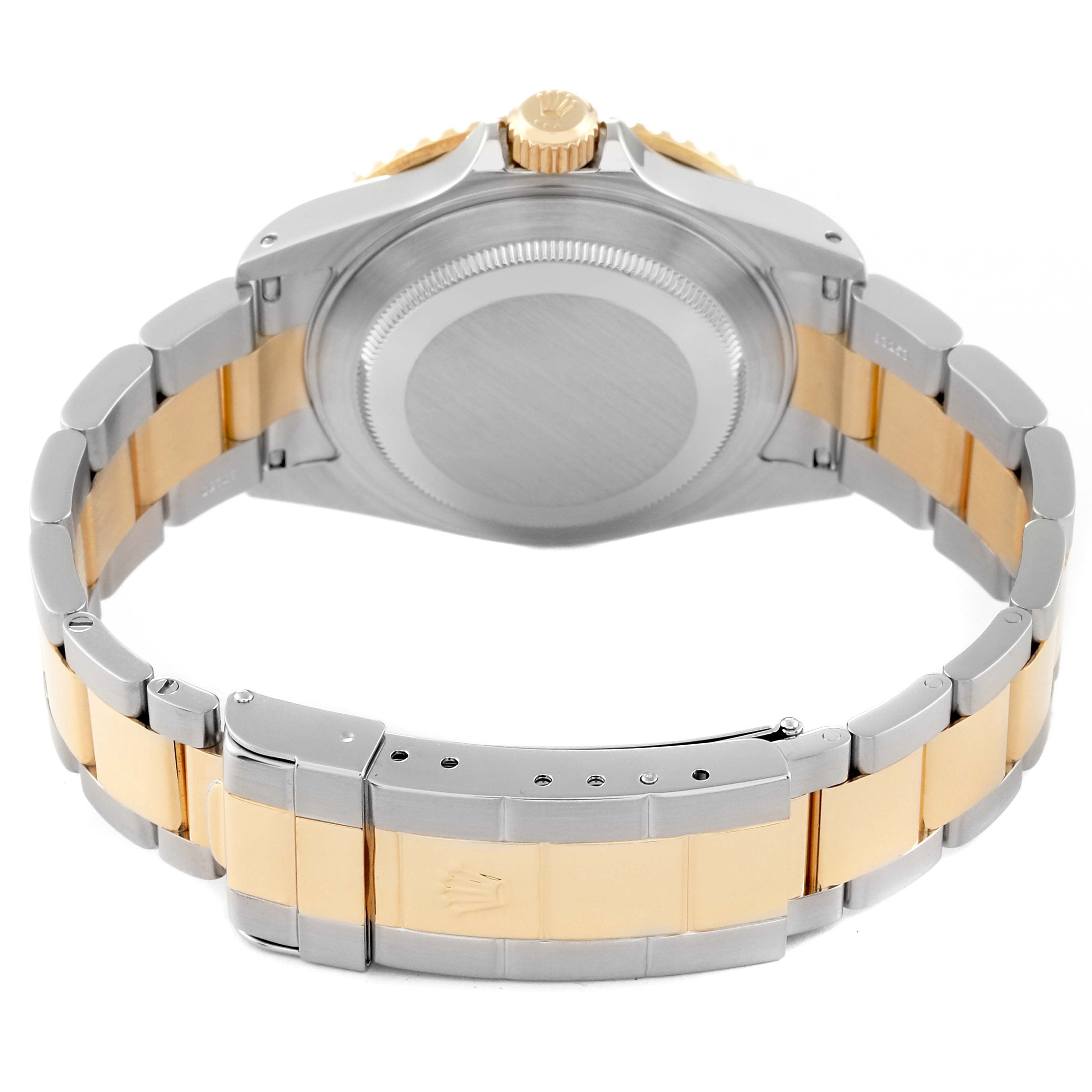 This image shows the back view of a Rolex Submariner 16613 Men
s Steel and Gold (two tone) Black Dial 16613 Men
s Steel and Gold (two tone) Black Dial watch, highlighting its stainless steel and gold bracelet and caseback.